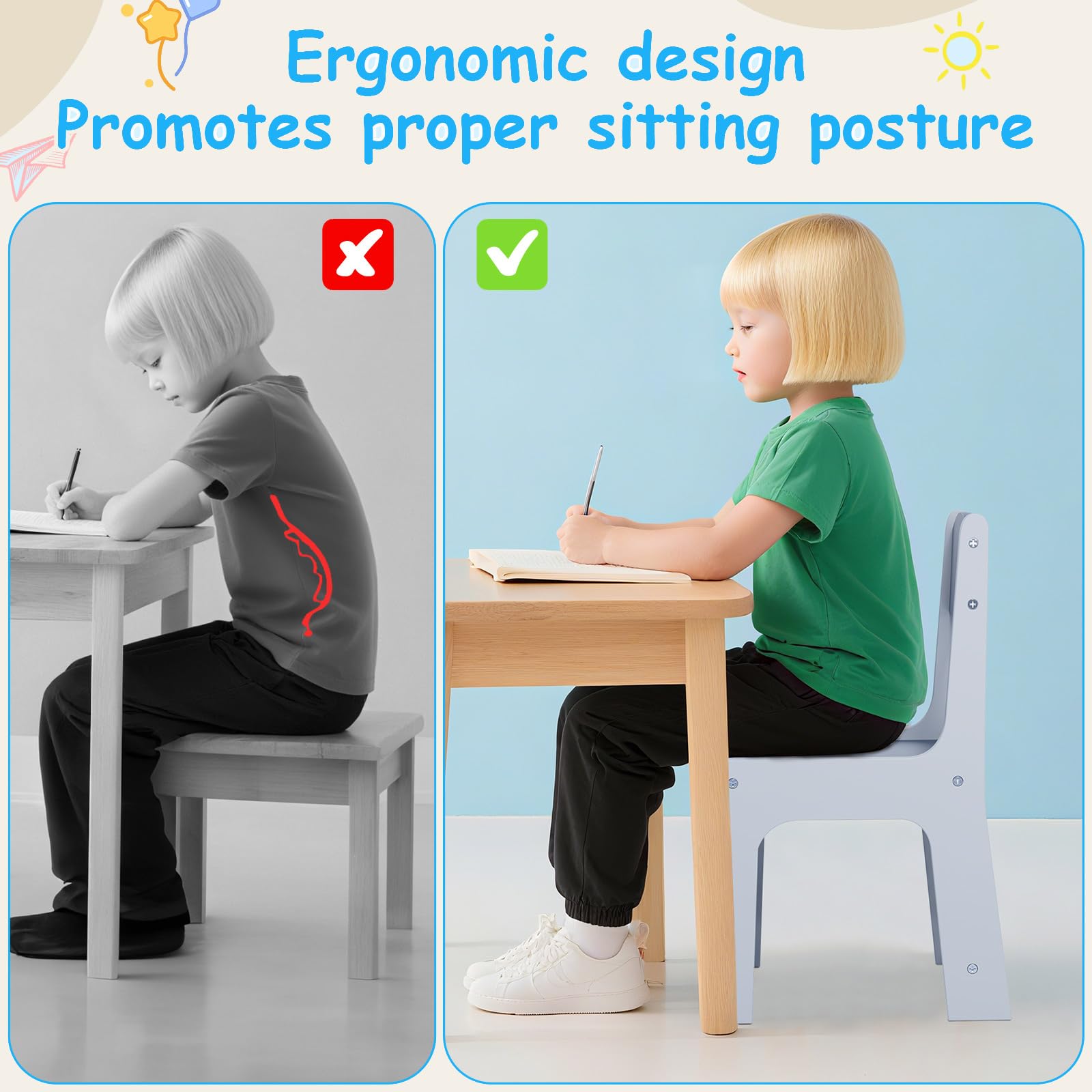 Clevich Lot de 2 chaises pour Enfant 55 x 30 x 28 cm, Chaise de Bureau à partir de 2 Ans, jusqu'à 80 kg, lot avec Repose-Pieds et Dossier incurvé, pour Chambre d'enfant, école, Groupe de sièges