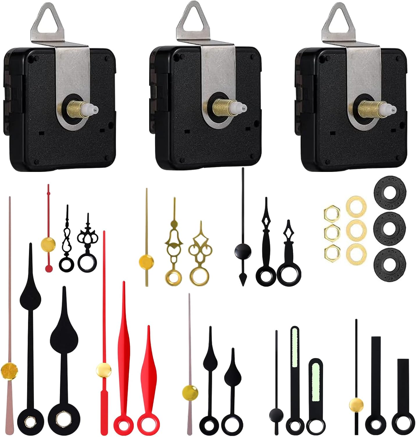 EMOON 3-Piece Silent Clock Mechanism Kit with 8 Pairs of Short Clock Hands Battery Operated Quartz Movement for DIY Clock Repair and Replacement (Total Shaft Length 16mm, 20mm, 23mm)