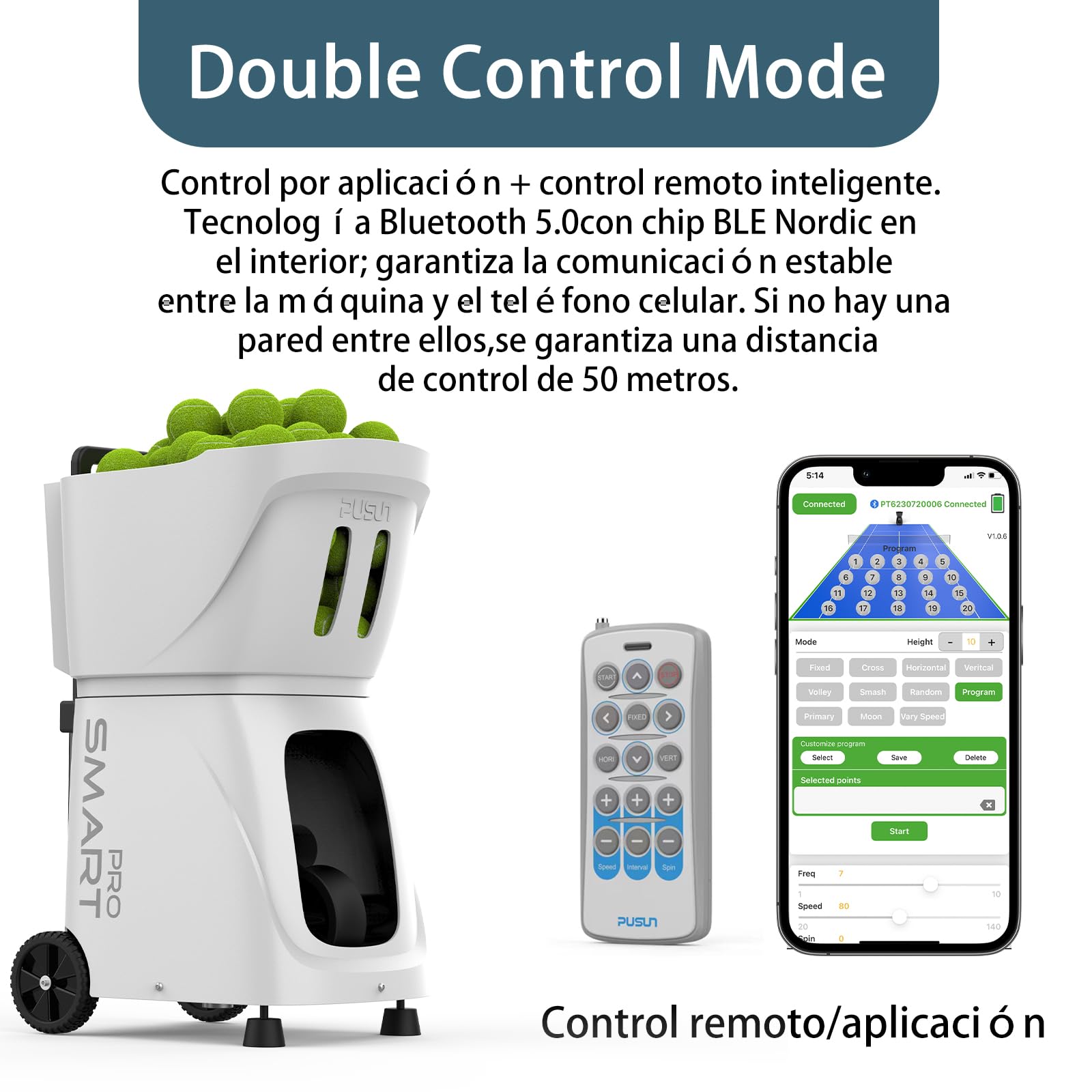 PUSUN PT-Smart Pro-Máquina Lanzapelotas de Tenis Profesional | Simulación de Rotación Interna | Control App Remoto | 20 Puntos 12 Modos de Entrenamiento |4-6 Horas de Batería