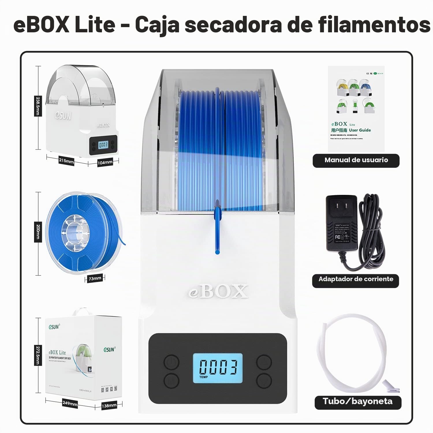 eSUN eBox Lite Actualizado Caja Secado de Impresora 3D Filamento, Caja Secadora Almacenamiento, Mantener Filamento Seco Durante Impresión 3D, Compatible con Filamento PLA PETG ABS, Soporte de Carrete