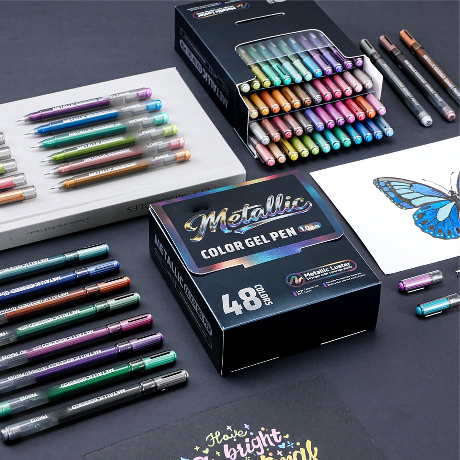 Set di 48 penne gel acriliche colorate metallizzate per scrapbooking, diari, schizzi, illustrazioni artistiche e prendere appunti, set di pennarelli ad acquerello