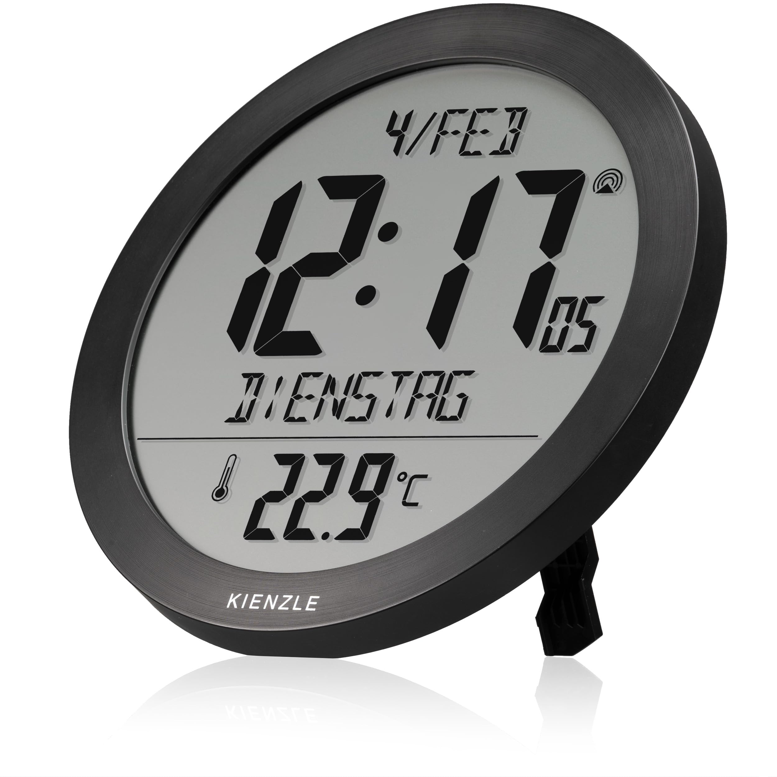 Kienzle Funkwanduhr Tischuhr mit Temperaturanzeige 18,7 cm Display DCF-Zeit Datum 2 Weckzeiten Schlummer schwarz