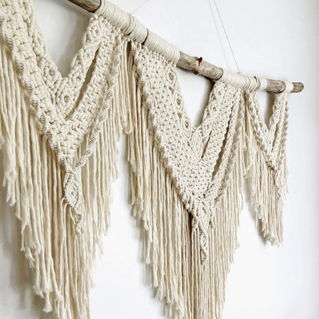 Tapiz grande hecho a mano de macramé para colgar en la pared, decoración elegante con ramas de madera natural y flecos, 120 x 120 cm