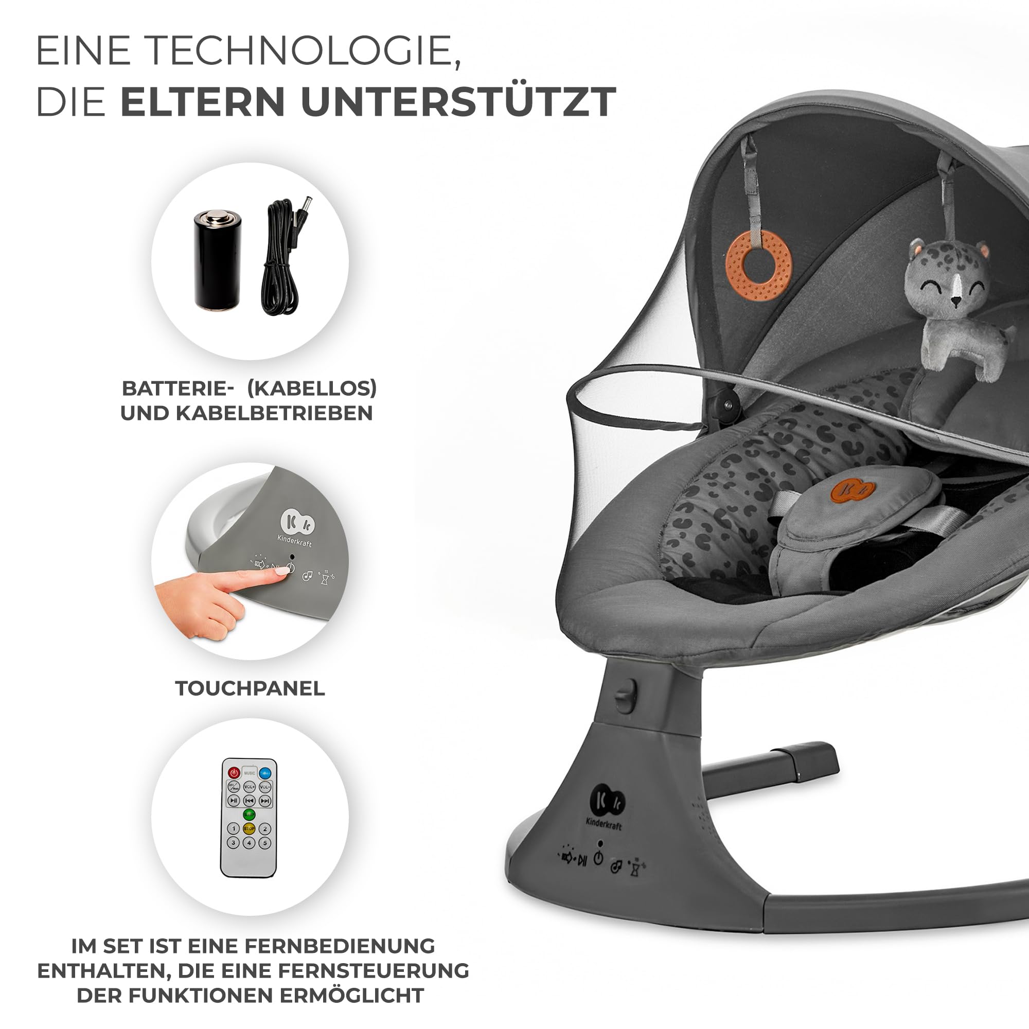 Kinderkraft LUMI 2 Babywippe, Elektrische Babyschaukel, Von der Geburt bis 9 Monate, Höhenverstellbar, 5 Schaukelmodi, 12 Melodien, Bogen mit Spielzeug, Dunkelgrau