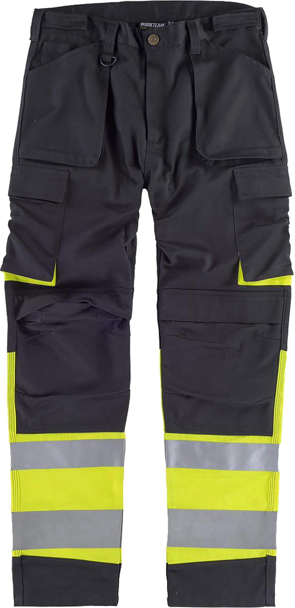 Work Team Pantalón Multibolsillos Combinado Alta Visibilidad. Cintas Reflectantes Diferentes tamaños. Hombre Negro+Amarillo A.V. 40