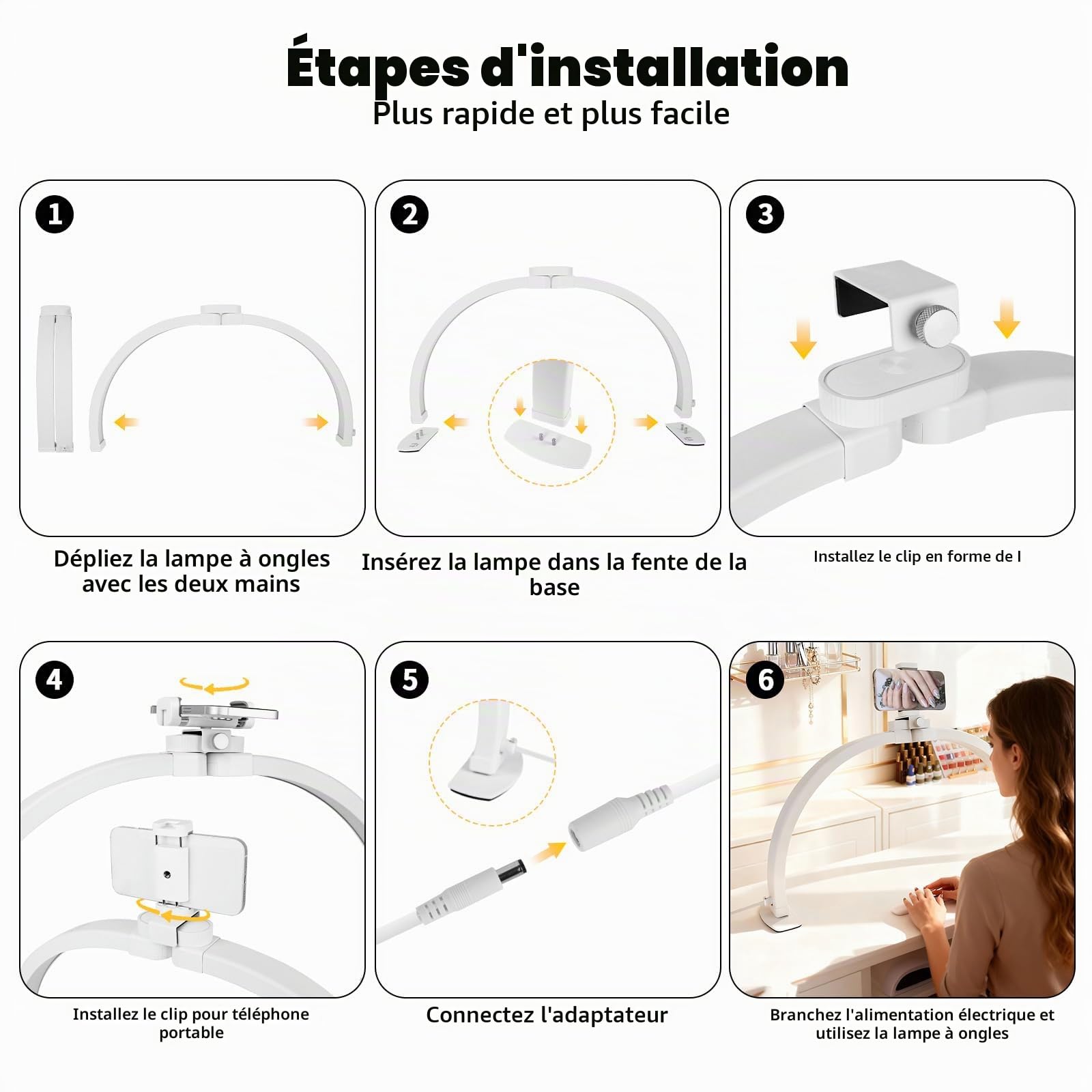 Demi-lune Lampe pour Ongles, 22" Lampe de Bureau Pour Ongles Pliable Support Pour Téléphone, 3 Modes de Couleur et 10 Niveaux Luminosité Réglable, Adaptée à la Manucure, Aux extensions De Cils