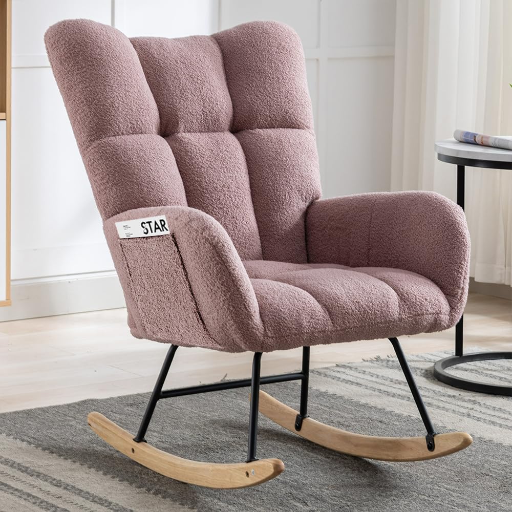 Rocking Chair,Teddy Rocking Chair Nursery with High Backrest and Side Pocket,Glider Rocker Chair for Living Room,Rocking Accent Chairs with Armrests Wood Legs for Nursery,Bedroom,Small Spaces,Pink