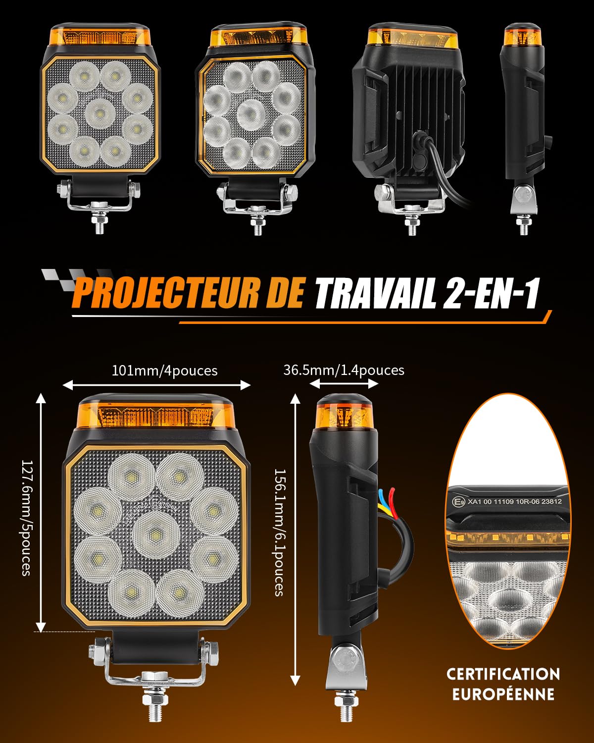 CO LIGHT Phare de Travail LED 4 Pouces 2 en 1 avec Feu d’Avertissement 360° pour Chariot élévateur, excavatrice, Camions Tracteurs Engins de Chantier Véhicules Agricoles 12V 24V