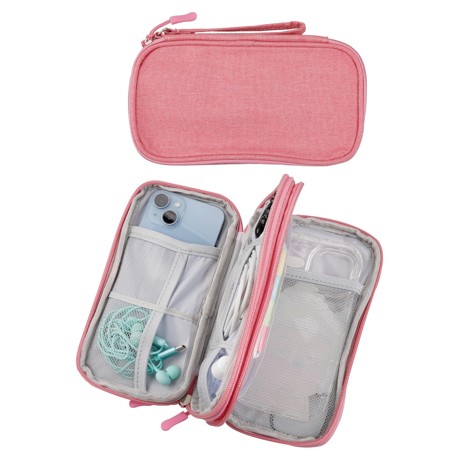 Gaomumu Double-Layer Electronics Accessories Organiser Bag, Cable Organiser Bags, Waterproof Travel Carry Case for Cables, Power Bank, USB Drives, Chargers, and Hard Disks(Pink)