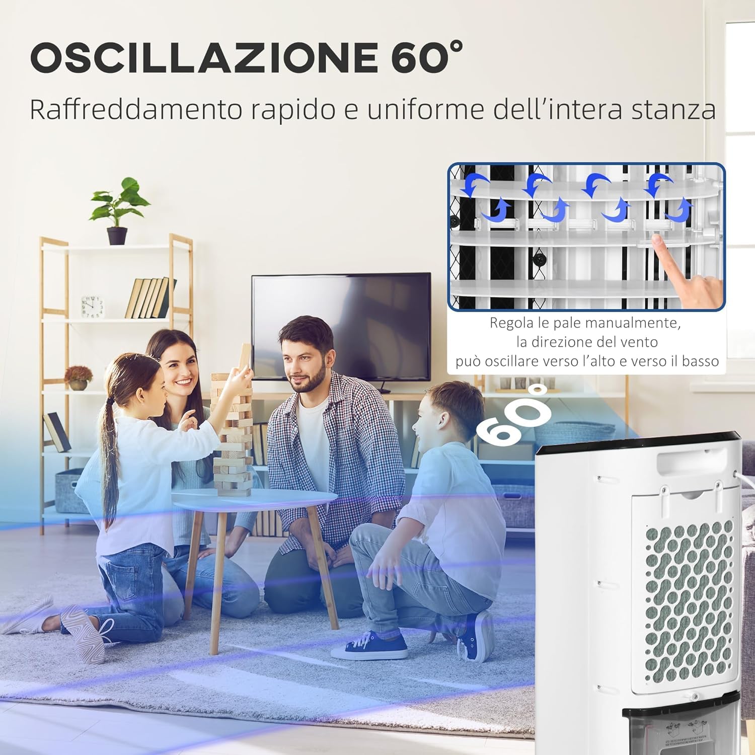 Condizionatore Portatile 3 in 1, Ventilatore, Umidificatore con Ghiaccio e Deumidificatore, 3 Velocità, 3 Modalità e Telecomando, con 6 pezzi di ghiaccio, 65W in ABS, 24x28x56 cm,Bianco