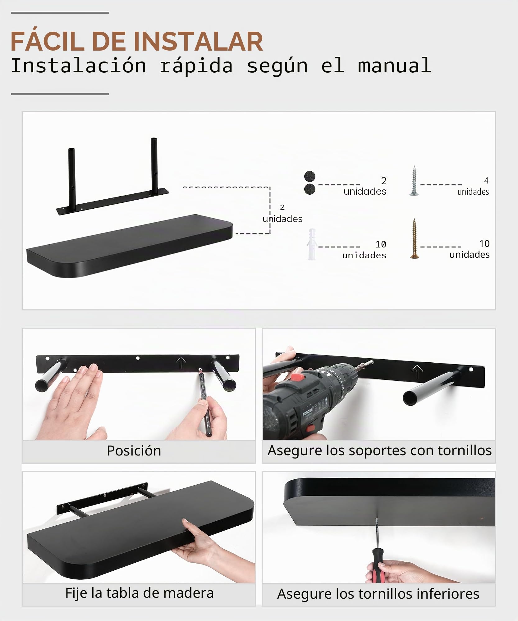 Gronda Estantería de Pared Larga Negra, Baldas de Madera con Borde Curvo | 60cm Baldas de Madera Juego de 2, Repisas de Pared, Almacenaje, Decoración, Balda Flotante para Fotos, para Salón