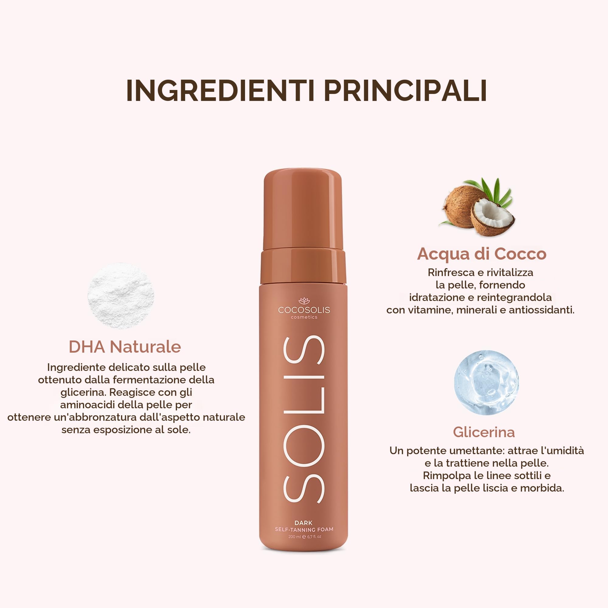 COCOSOLIS SOLIS Dark Autoabbronzante per viso e corpo, mousse per unabbronzatura naturale e di lunga durata, con DHA vegetale (200 ml)