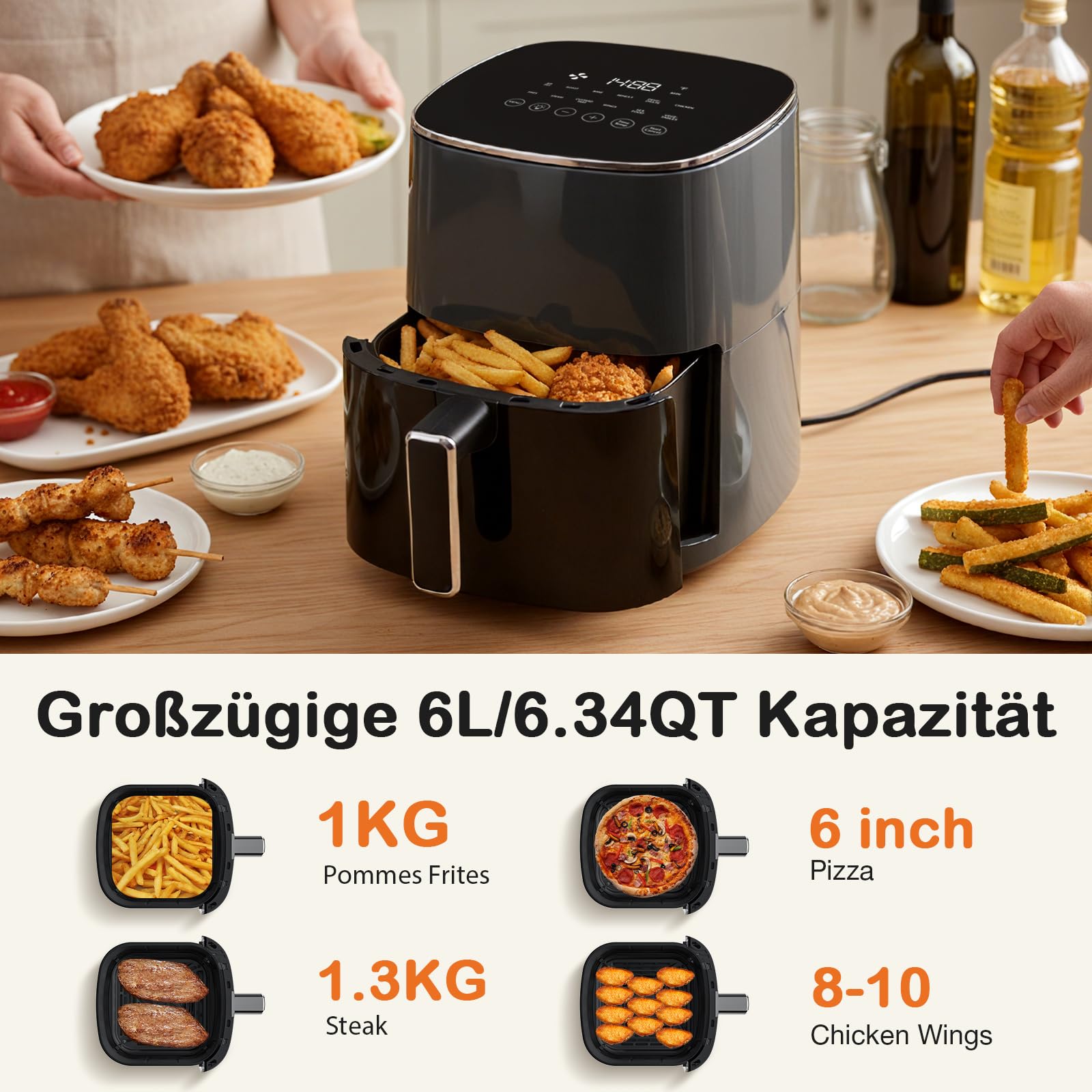 Sweetcrispy Heißluftfritteuse Airfryer 6L mit Sichtfenster, 12-in-1 Funktionen & Touchscreen Air Fryer, Gesundes Fettfrei Kochen, Antihaftkorb, Spülmaschinenfeste Körbe, Für 3-6 Personen, Grau