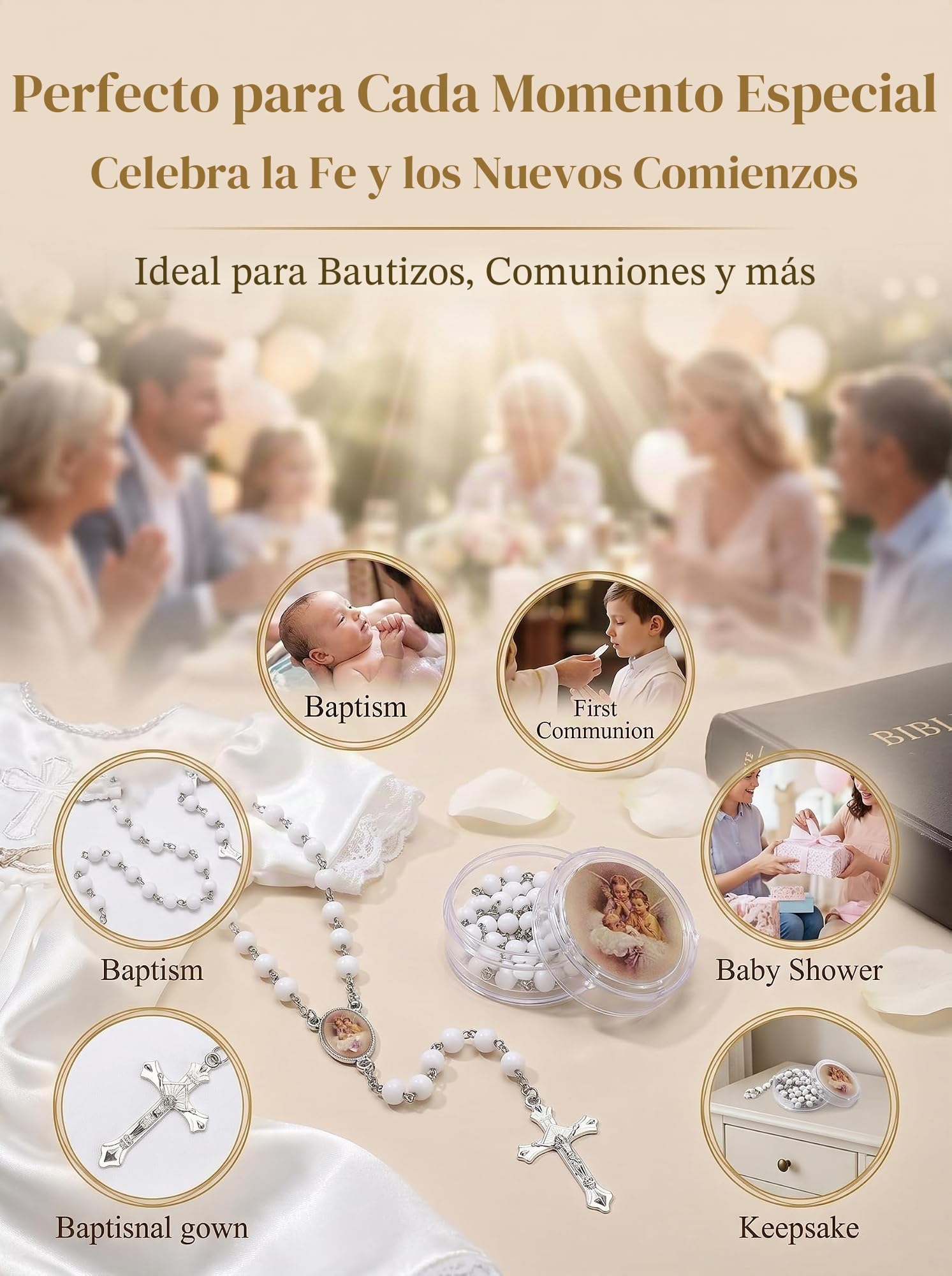 24 Unidades Rosario de Madera Perfumada con Colgante de Angelito para Bautizo y Comunión, Recordatorios Comunión Detalles para Invitados, Regalos Bautizo Niña Niño, Regalos Invitados Boda