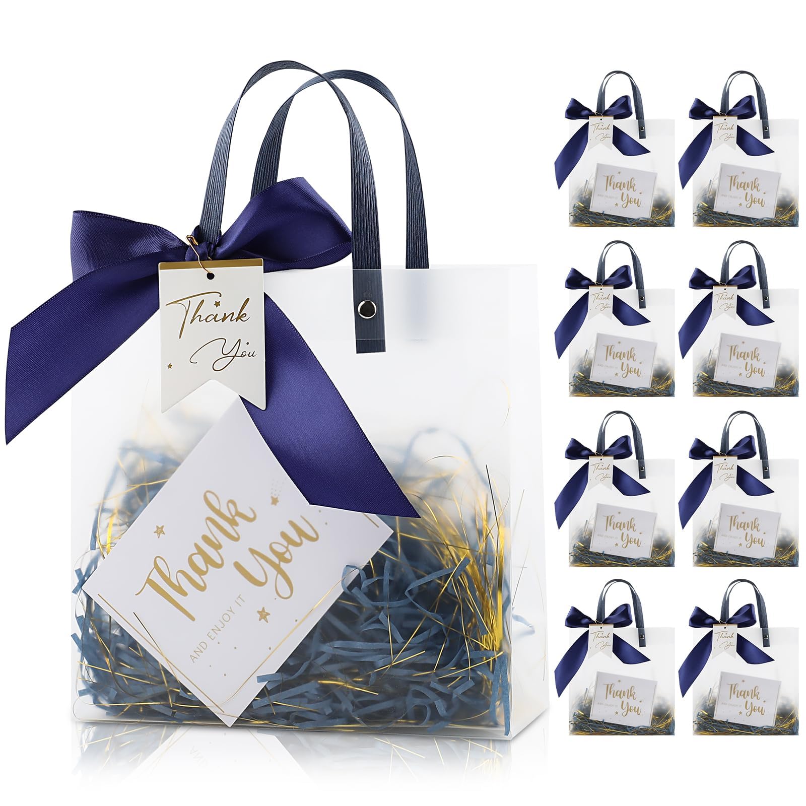 12 Pack Clear Plastic Gift Bags with Handles, 20x20x8cm Party Favor Bags with Dark Blue Ribbons and Thank You Tags, Reusable Frosted Tote Bags for Candy, Wedding Baby Shower Valentine's Day