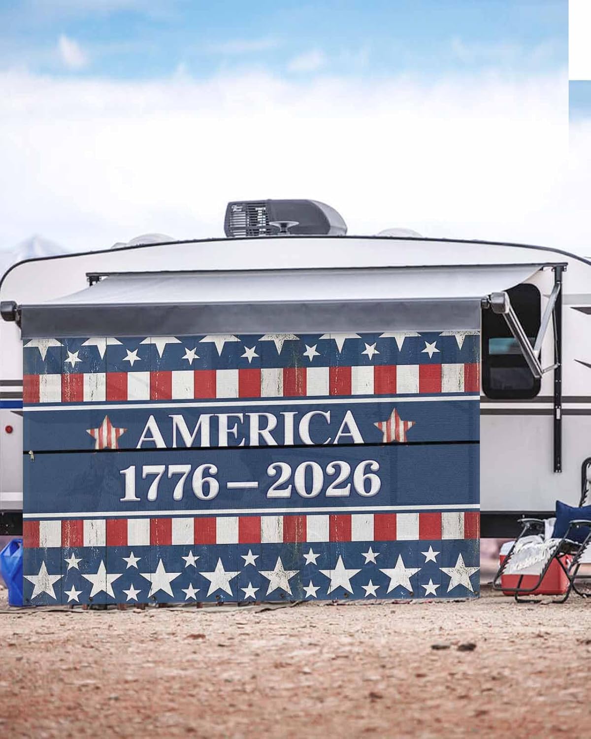 RV Awning Sun Shade Screen 9' x 13'3", 250 Year American Anniversary Flag Mesh RV Awning Shades Complete Kits, Blue Red USA Sunlight Blocker Outdoor Canopy for Camping Trailer Motorhome