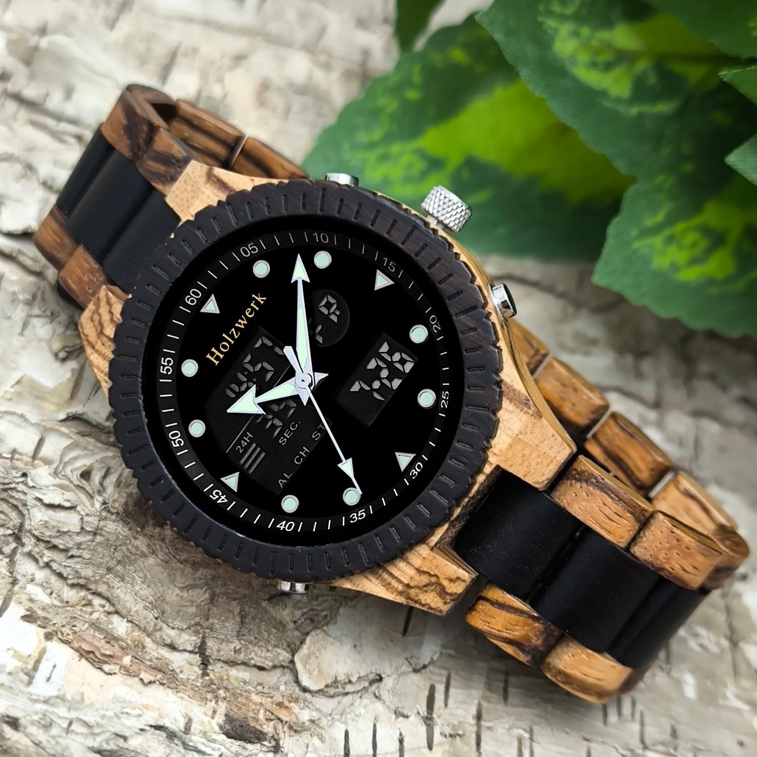 Holzwerk Germany Ręcznie wykonany designerski cyfrowy analogowy zegarek męski ekologiczny naturalny drewniany zegarek bransoletka zegarek LED brązowy czarny, czarny, brązowy