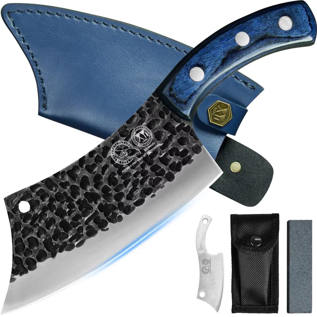 XYJ 6.2 Inch Chinese Vegetable Knife With Sheath,Whetstone,Outdoor Camping Chef Knife,Slice Butcher Knife,Cooking Culinary Kitchen,Blue Full Tang