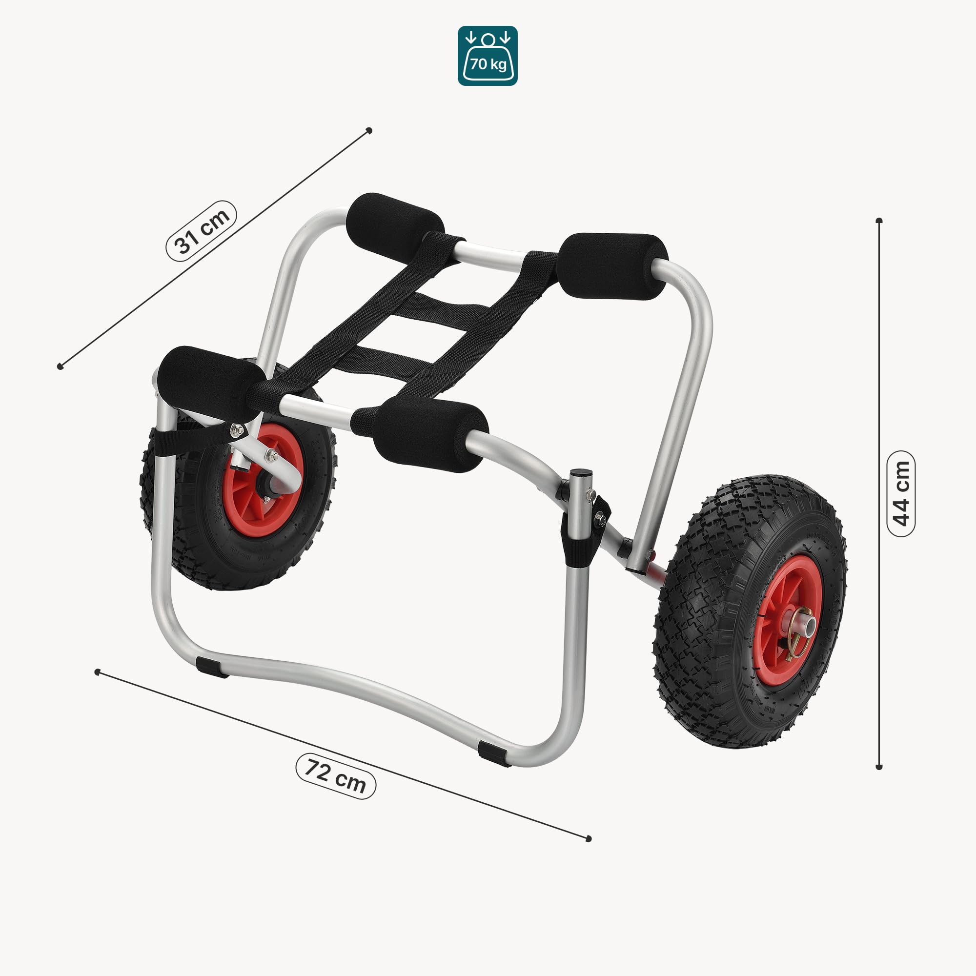 in.tec Kajakwagen Drau Kanuwagen 72 x 31 x 44 cm Transportwagen bis 70 kg | Surfwagen, Aluminium, Kajak, Kanu, Bootstrailer, Zusammenklappbar, Verstellbarer Gurt, mit Luftreifen, Breite Auflage