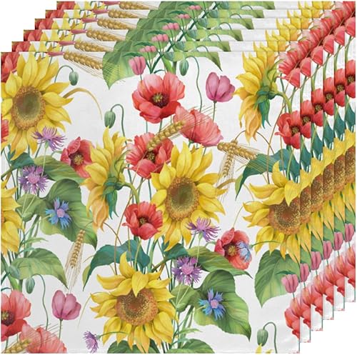 Miniatura 6 de Juego de 6 servilletas de tela con estampado de girasol y amapola de 20 x 20 pulgadas, lavables, reutilizables, para cocina, comedor, decoración de