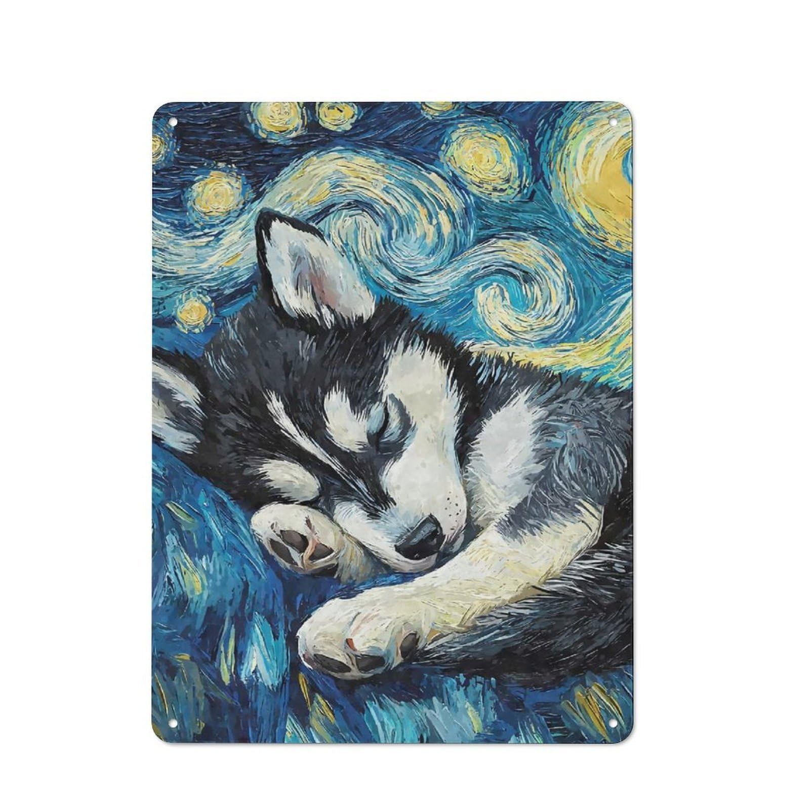 Junmoney Style-6 Metal Plaque With Husky Puppy Starry Night Design 40X30cm, Rustic Cafe Wall Decor For Restaurant, Kitchen, Counter Or Breakfast Nook