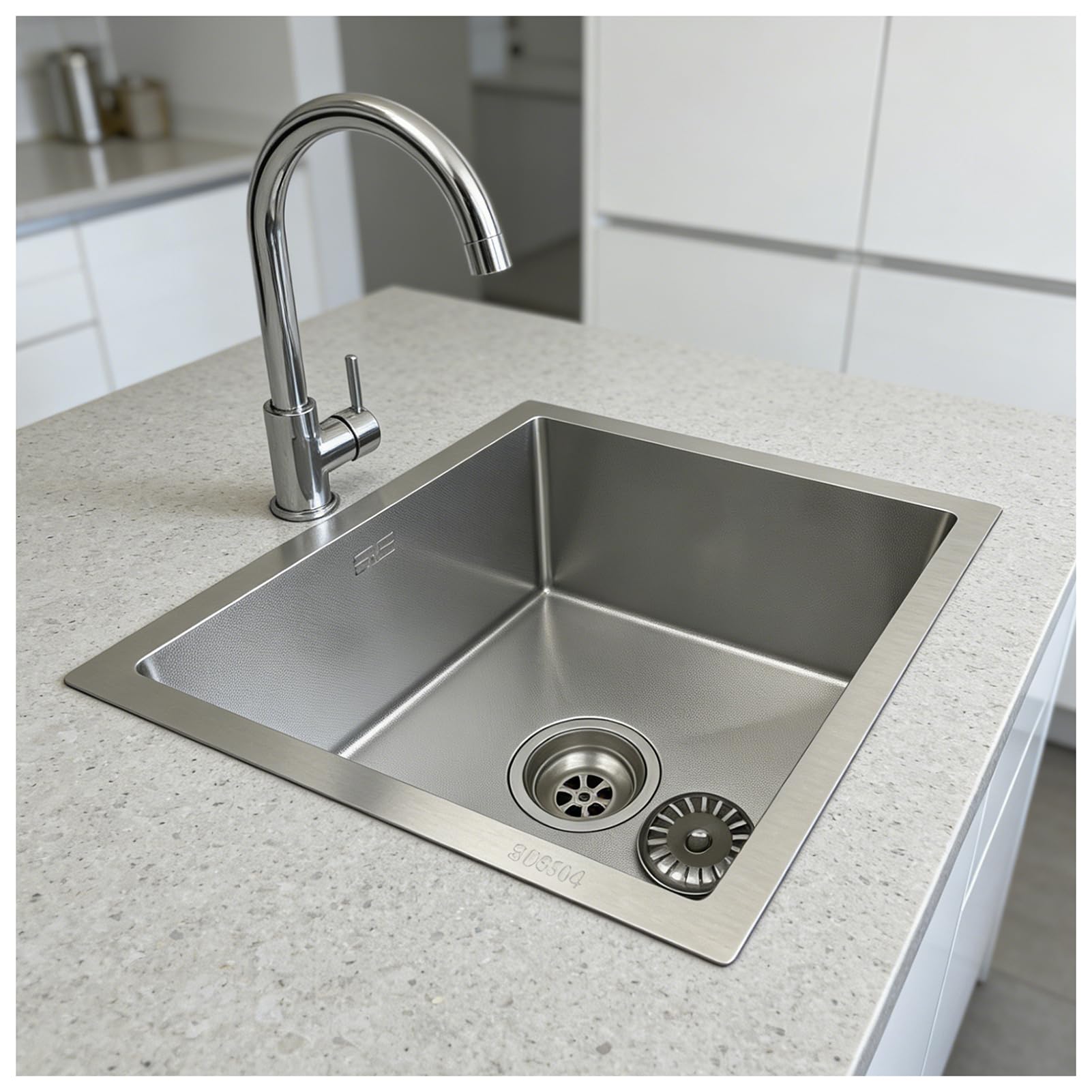 ZQFHSX 38 x cm Kitchen Sink, Silver, Small Single Sink with Tap, Draining Board, Drain Set, Built-in Stainless Steel Undermount Assembly, Scratch-Resistant Grain Surface, 1 Bowl