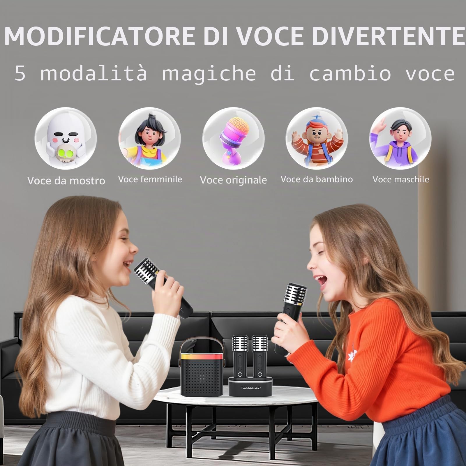 Macchina Karaoke con 2 Microfono Wireless e Base, Aggiornato Cassa Bluetooth con Microfoni, Karaoke Macchina per Bambini con Luci LED ed Effetti Voce, Regalo per 3-12 Anni Bambini Adulti