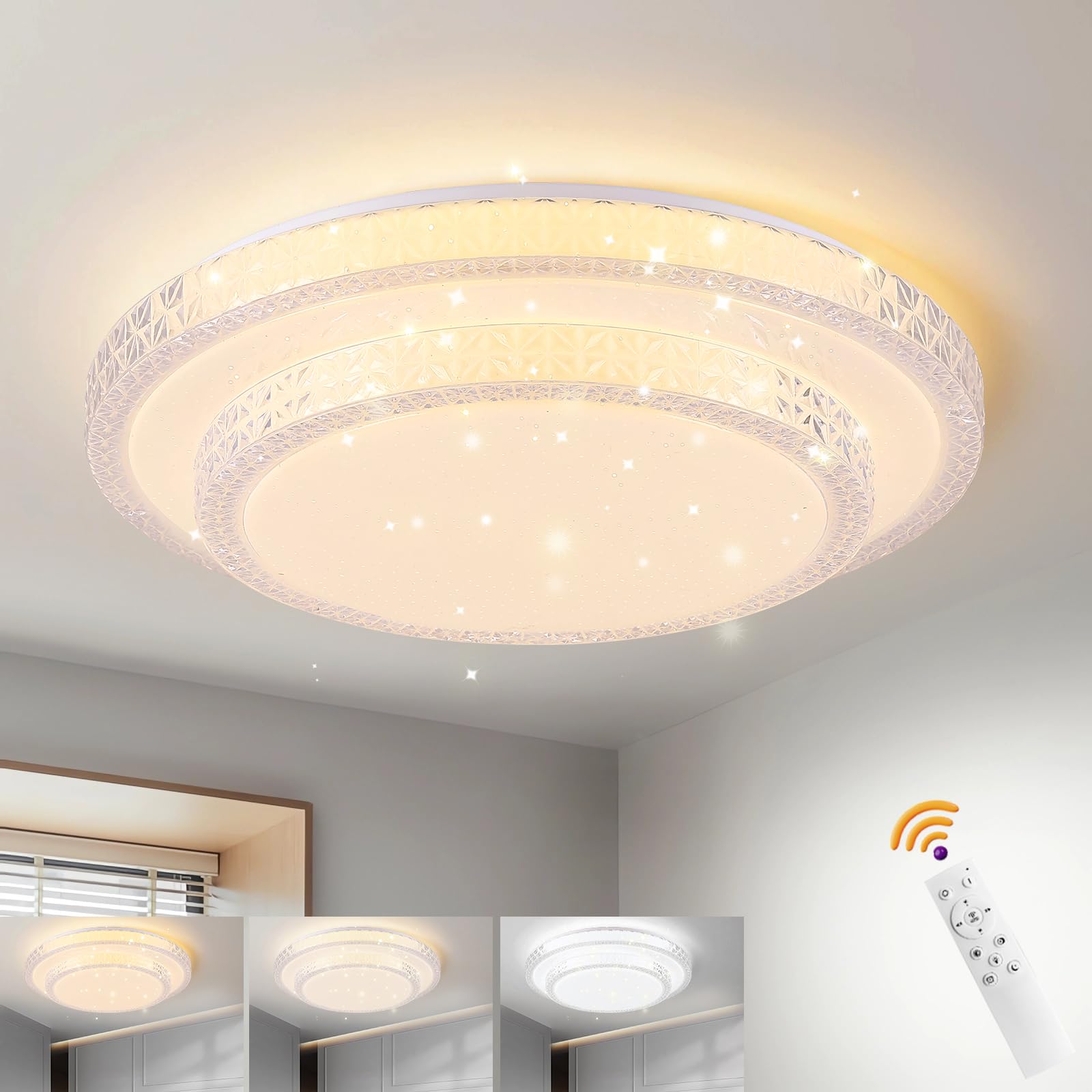 AiwewinLED Ceiling Light 48W,3 Colors Dimmable LED Flush Mount Lighting Fixture with Remote,Crystal Edge Round Ceiling Lamp for Living Room Bedroom Hallway