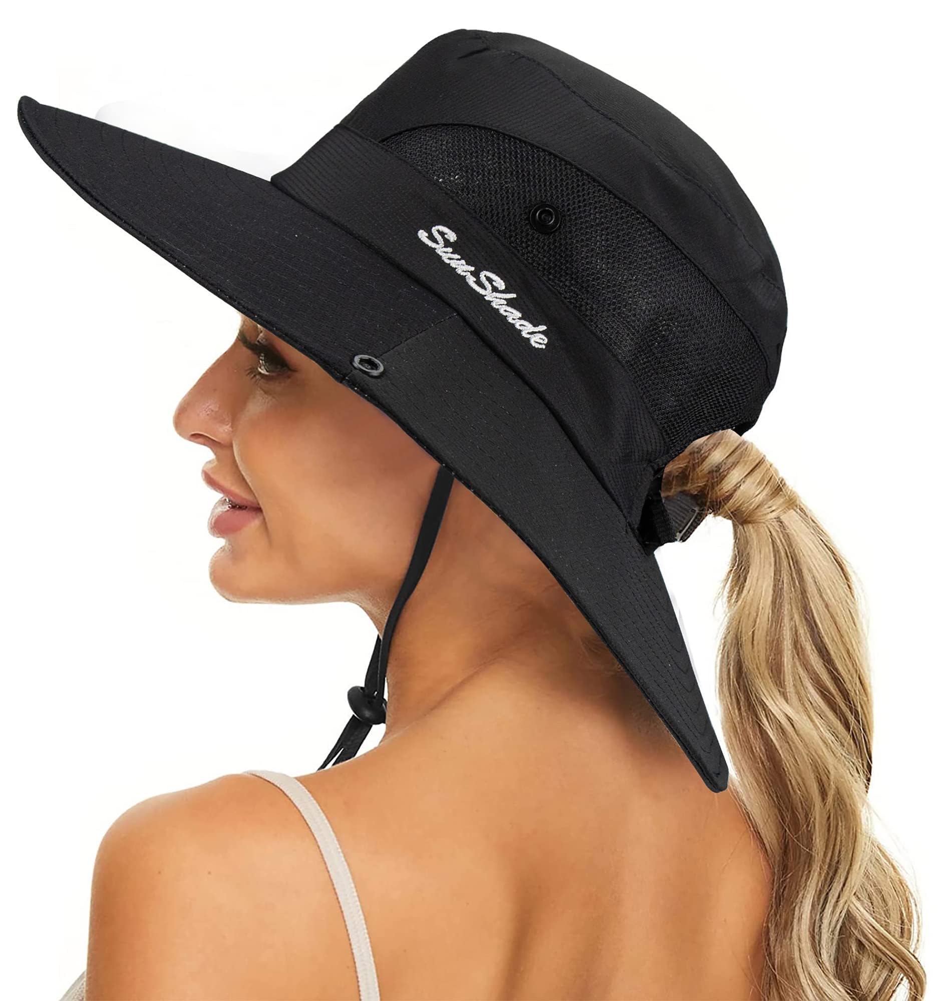 KorhLeoh Sombreros plegables de malla con protección UV para mujer, de ala ancha, para pesca, playa, con agujero para cola de caballo