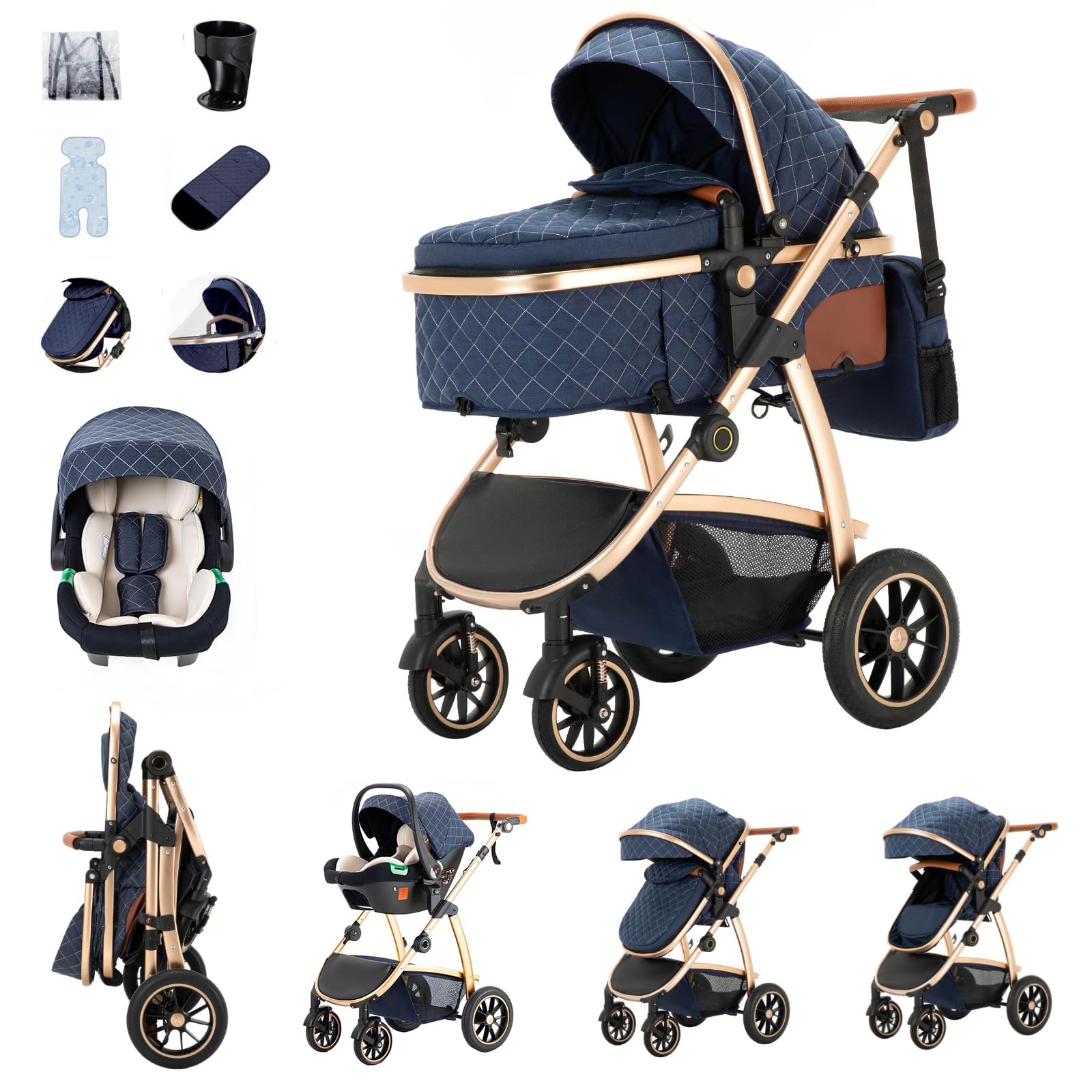 Zkiprm Passeggino Trio, Passeggino 3 in 1 con Seggiolino Auto, Passeggino Reversibile, Carrozzina e Ovetto | Ruote PU Antiscivolo e Maniglione Regolabile | Zanzariera, Parapiedi, 0-36 Mesi (Blu)