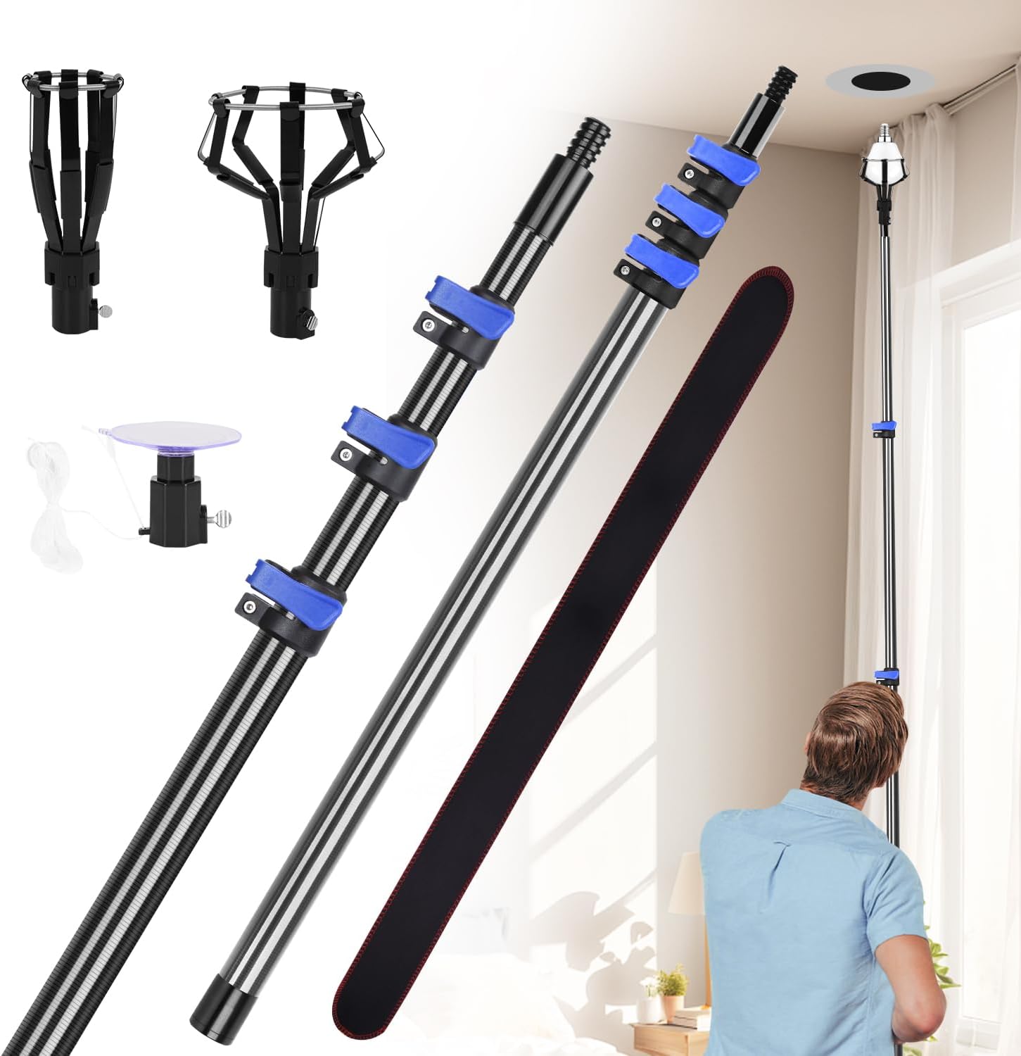 DOBEN Carbon Fiber Light Bulb Changer Pole 18FT Reach, Ultra Light Telescopic Extension Lightbulb Pole for High Ceilings, Recessed & Flood Lights, Incandescent Bulbs, Anit-Corrosion, Extends 3-12FT