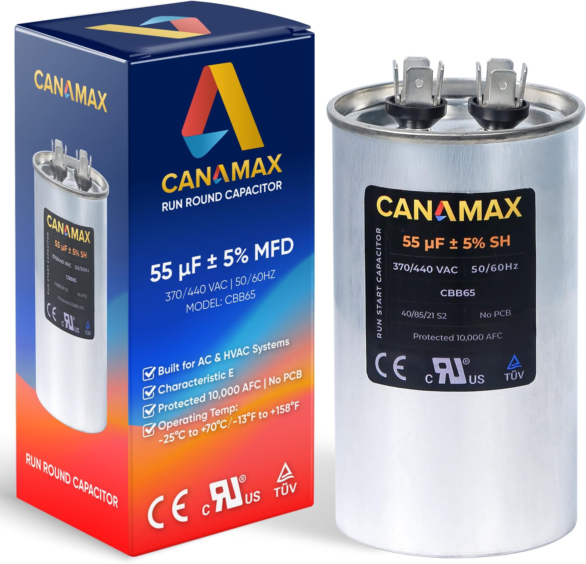 Canamax 55 uf ± 5% MFD 370 Or 440V Round Run Capacitor - Replacement for Air Conditioner 50/60Hz for AC Motor Run or Fan Start and Cool or Heat Pump Air Conditioner