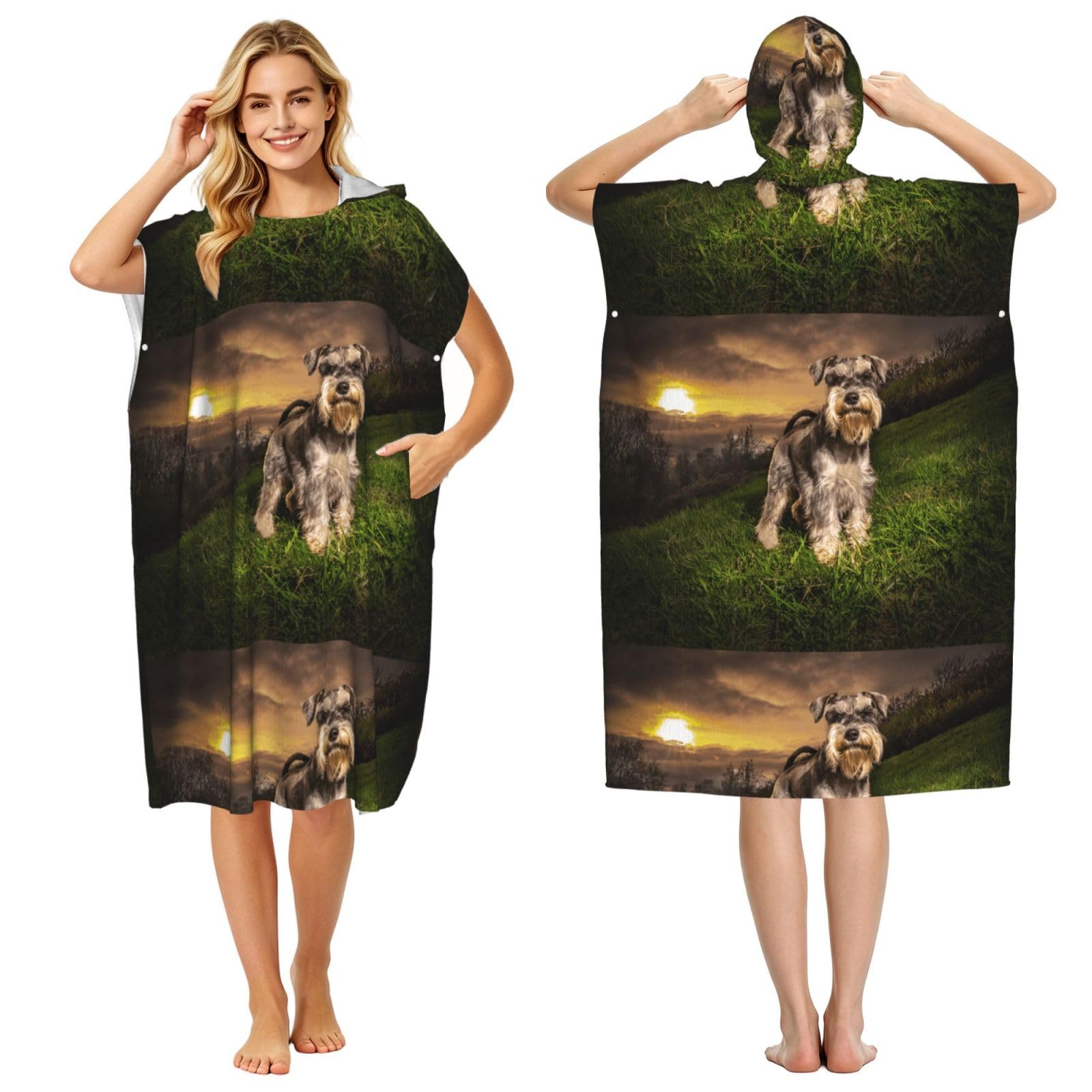 Poadnly Schnauzer Sunset Dogs Pets Mountains Schnauzer, Adult Hooded Beach Towel 90 x 110 cm,Changing Bath Robe, Surf Poncho Towel For Women Men