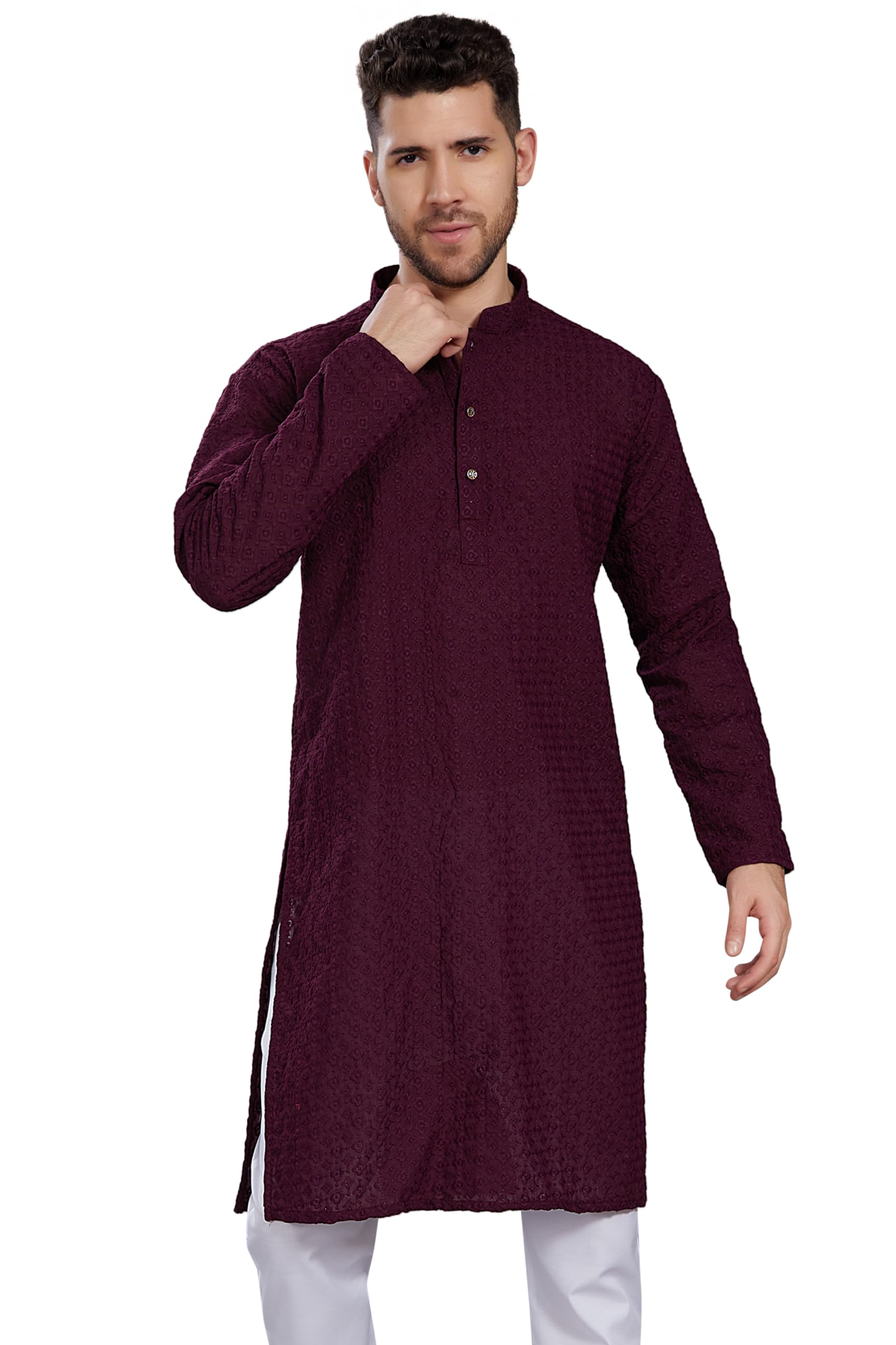 Divisive Men's Thread Embroidered Cotton Blend Only Slim Fit Kurta (Dkrt783_S_Burgundy)