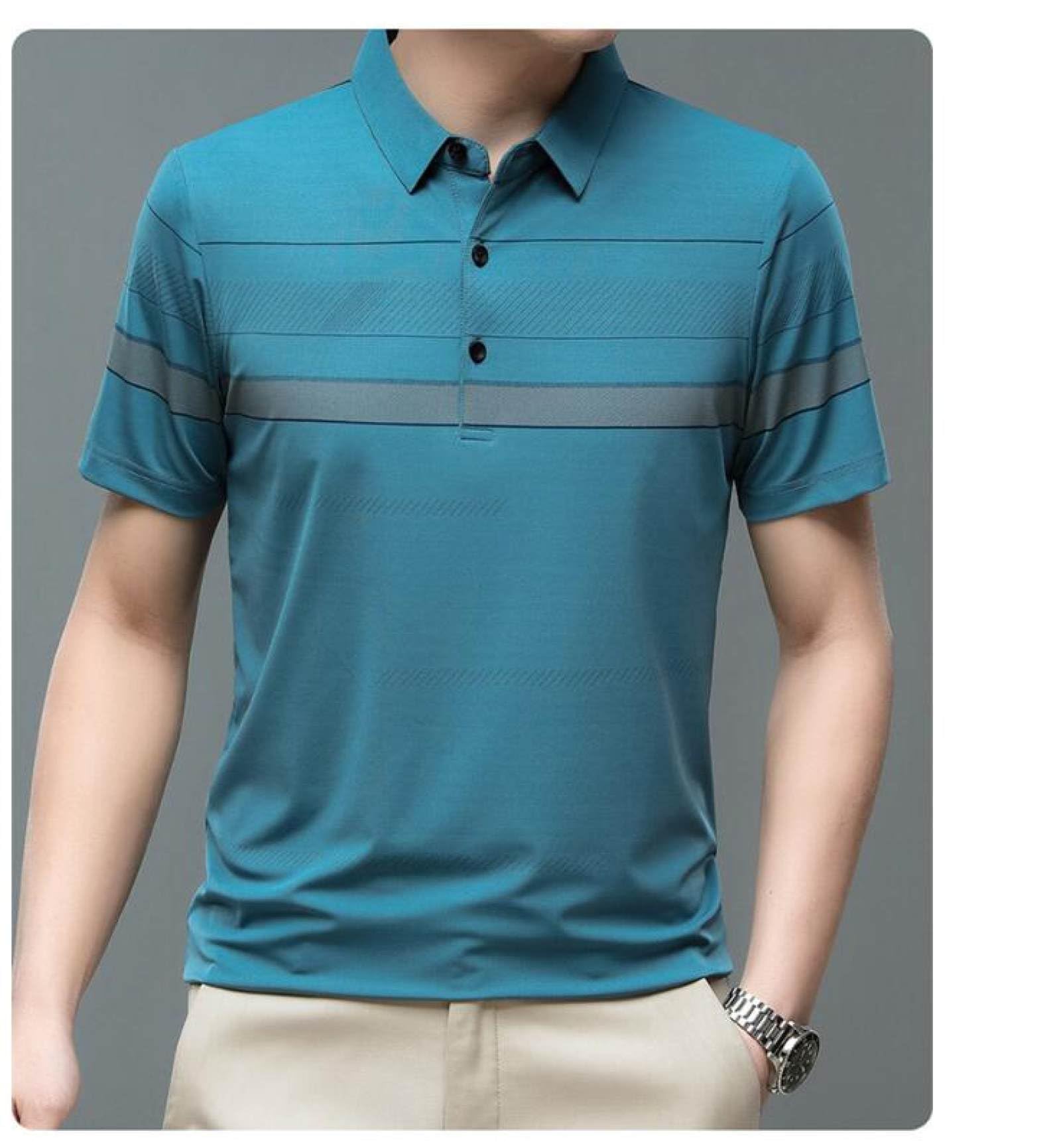 Moda Casual - Polo da Uomo Azzurra A Maniche Corte A Righe Estiva Polo per Uomo Abbigliamento Ampio T-Shirt Traspirante per Golf Tennis Lavoro