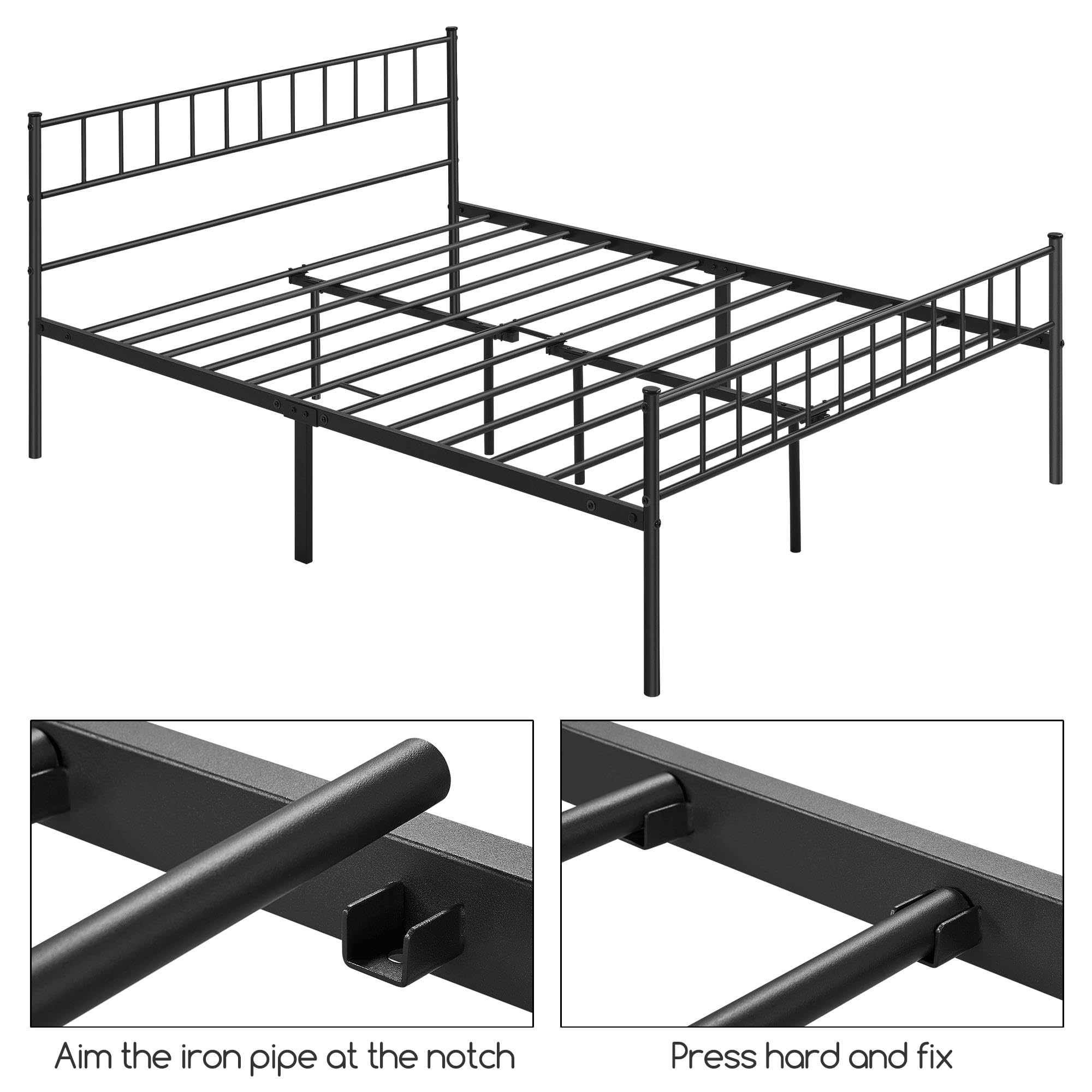 Yaheetech Metallbett 160 x 200 cm Bettrahmen mit Kopfteil Bettgestell aus Metall Gästebett mit Lattenrost für Schlafzimmer Gästezimmer Schwarz