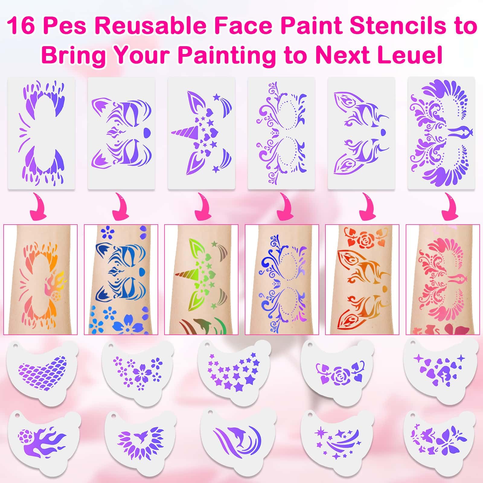 Kit profesional de pintura facial para niños y adultos, kit de maquillaje de cosplay activado por agua de 54 colores, pintura corporal no tóxica con plantillas, gemas, pinceles, para Halloween 5