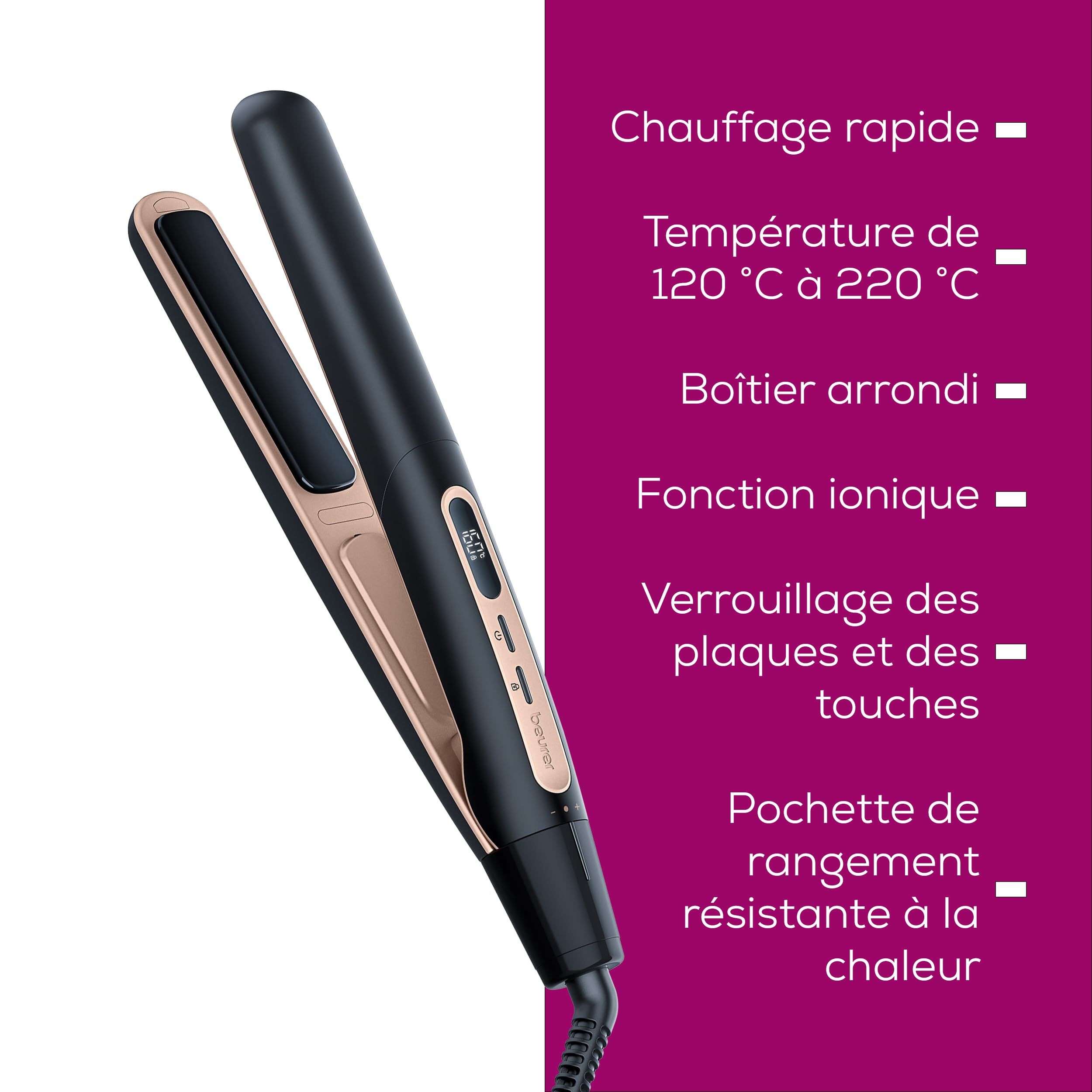 Beurer HS 100 Lisseur avec chauffage rapide en 12 secondes, fer à lisser avec revêtement céramique, fonction ionique pour des cheveux brillants, bords arrondis pour les styles de boucles