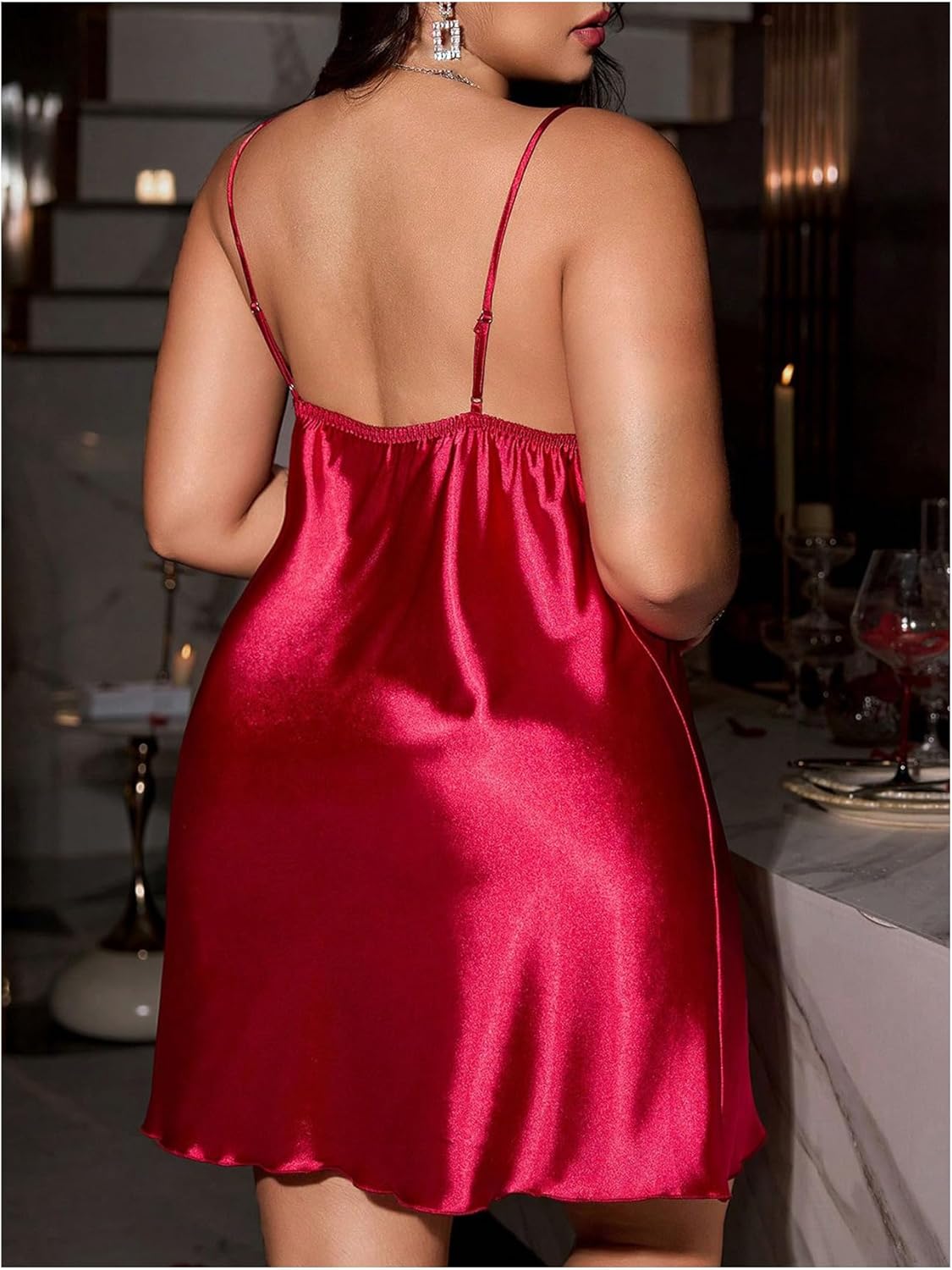 Women's Plus Size Floral Lace Sheer Satin Nightgown Spaghetti Strap Night Dress Chemise - Image 2