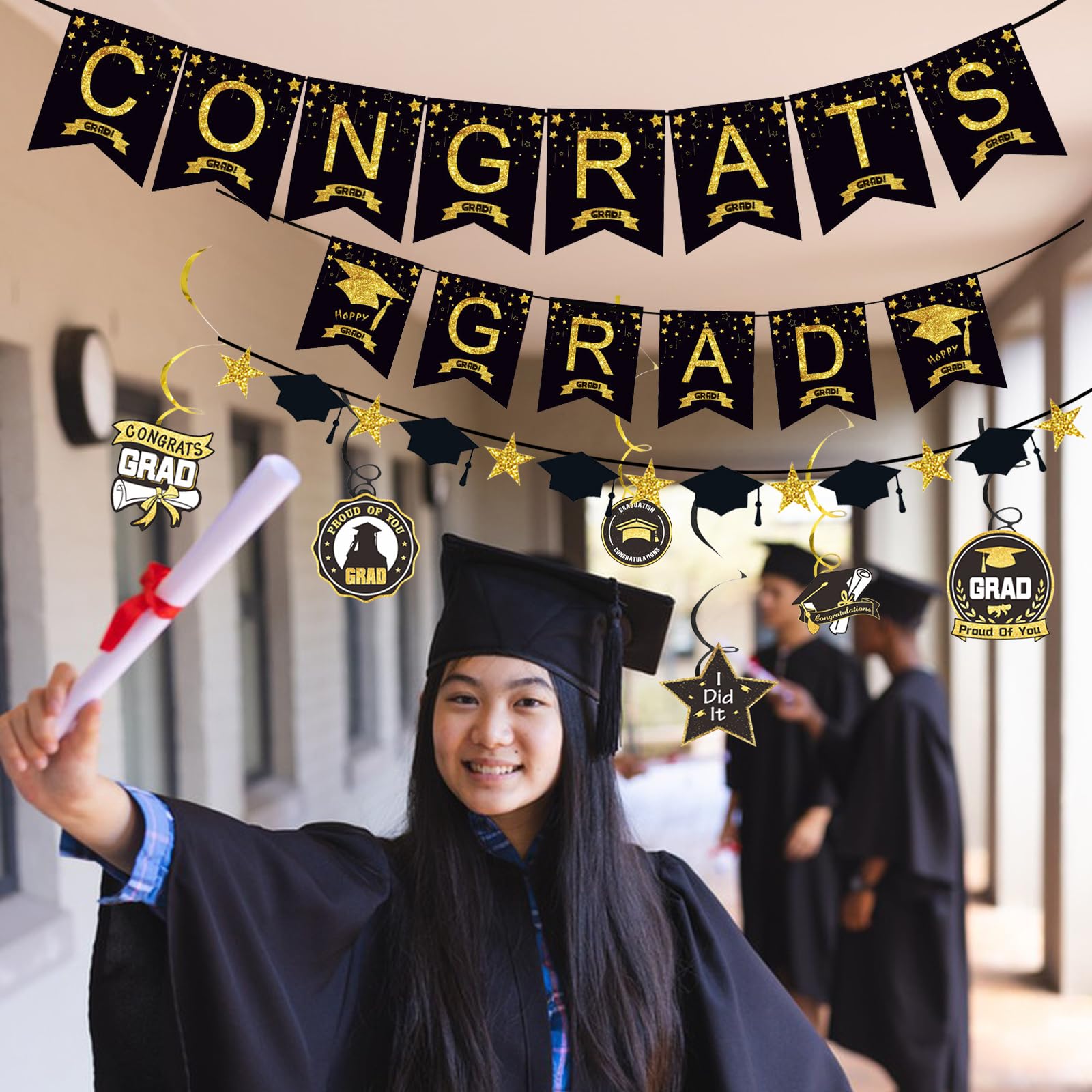 3PCS Congrats Grad Banner CHUNLINLAODA-Graduation Congrats Grad Banners Black Golden Grad Hat Paper Garland Congrats Grad Bunting Banner Sign for School Graduation Decoration Supplies (Black and gold) - Image 4