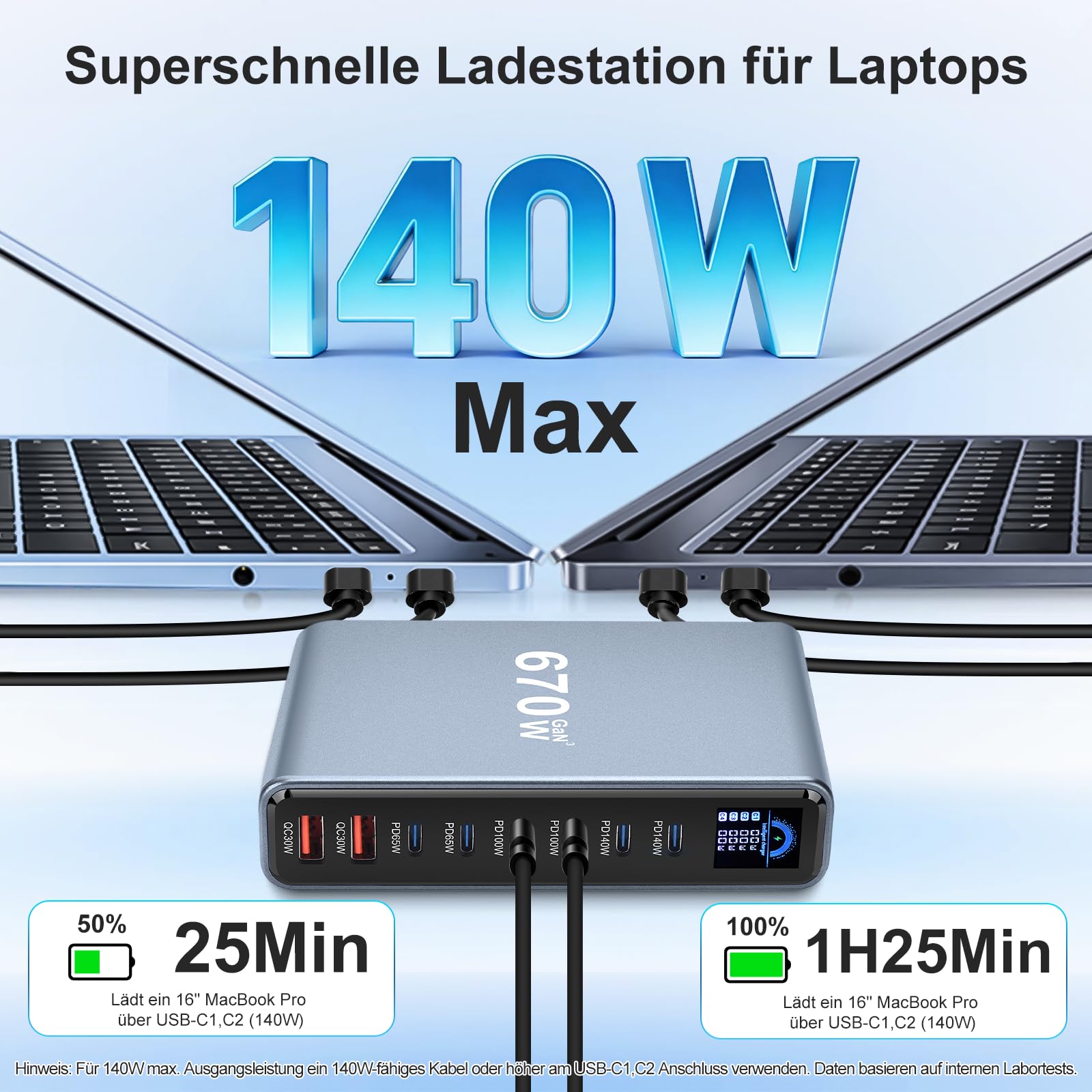 670W USB C Ladegerät, 8 Port Laptop Ladegerät Mehrfach(6C+2A), LCD Display GaN Schnellladegerät Netzteil, 140W PD Charger Kompatibel mit MacBook Pro/Air, iPhone 17/16/15, Galaxy S25 usw (670W)