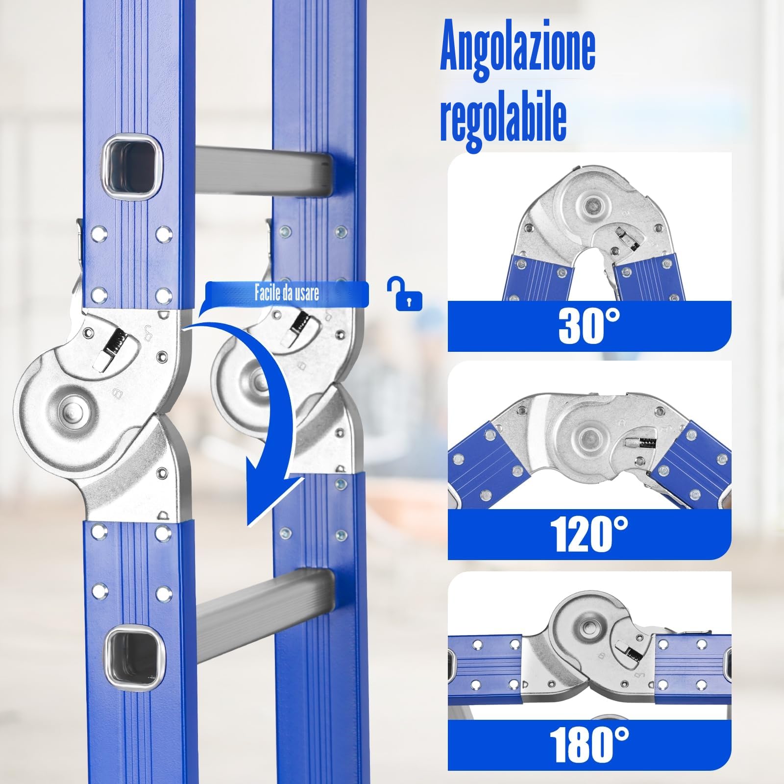 Scala multifunzione in alluminio, 4 x 4 gradini, lunghezza 4,7 m, 4 pezzi, portata massima 150 kg