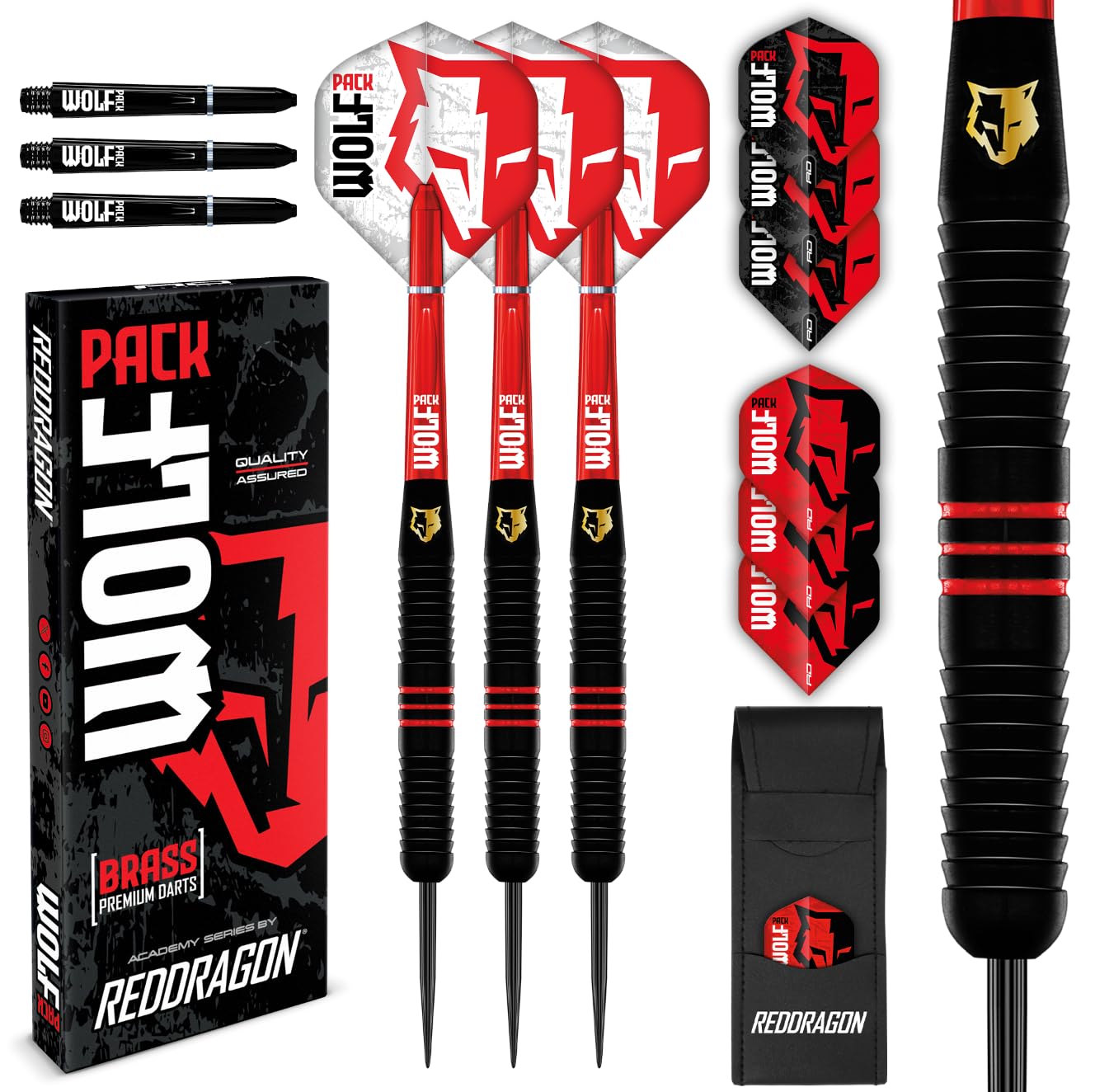 RED DRAGON Wolf Pack 20g Steeltip Brass Darts Set including Flights and Shafts (Stems), Black and Red