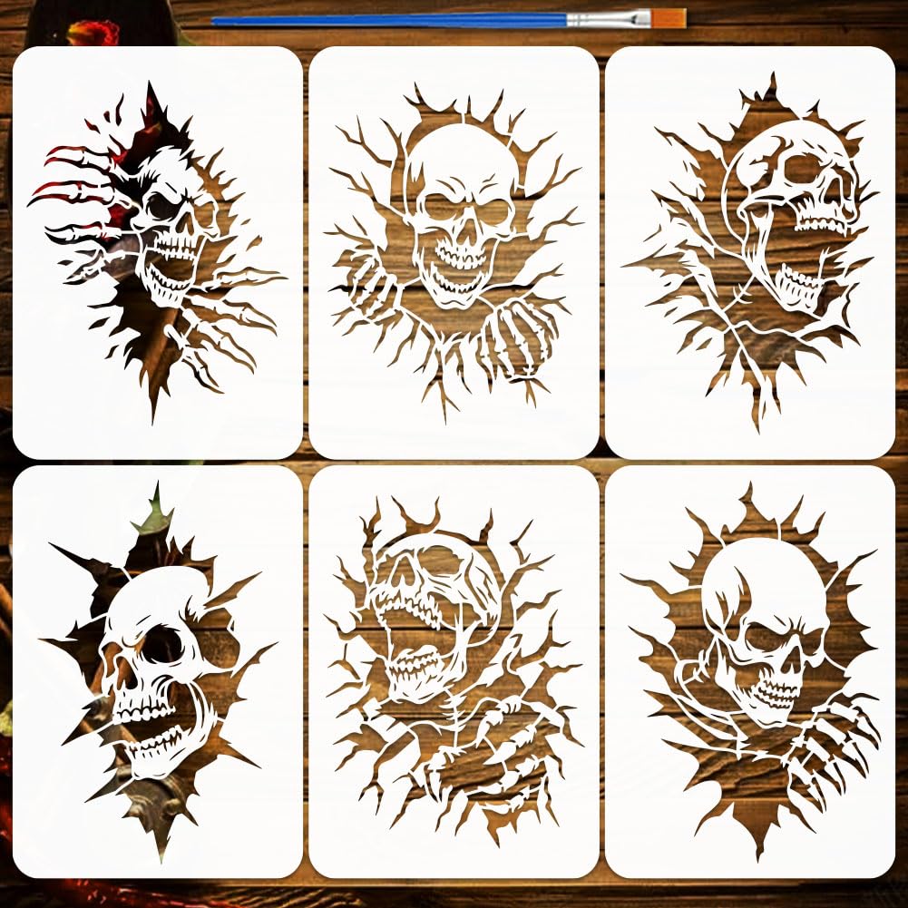 FINGERINSPIRE 6Pcs Cracked Skull Stencils with a Brush 29.7x21cm Hideous Skull Painting Stencils PET Skeleton Themes PET Template for Wood Floor Tile Wall Fabric Furniture Scrapbook DIY — image 1