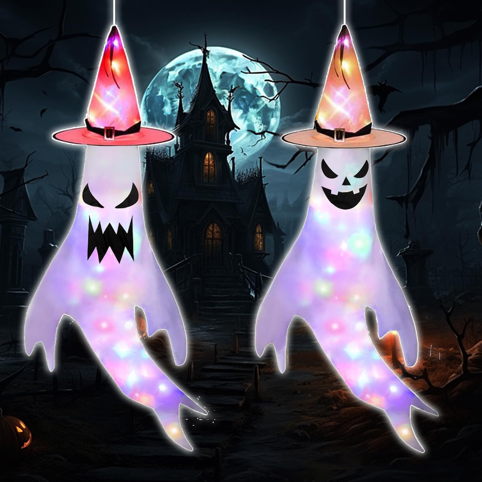 Halloween duchy potwór, 2 sztuki wiszących wiatraków, dekoracja na Halloween, do użytku na zewnątrz, do wnętrz, horror, wisząca skarpeta z kolorowymi światłami LED, dekoracja Halloween, imprezę,