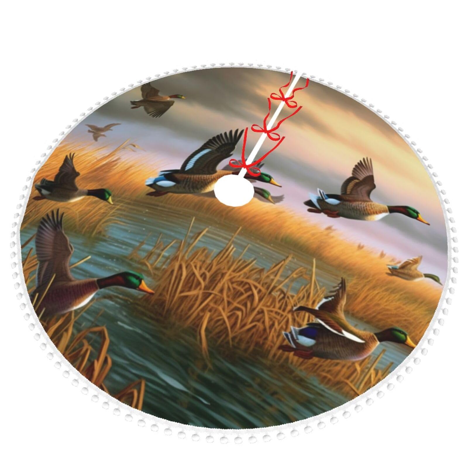 Jagd fliegende Wilde Enten 7 bedruckte Weihnachtsbaumdecke mit Pompon, 122,9 cm Weihnachtsbaumröcke, Dekoration für Zuhause, Garten, Büro, Urlaub, Party