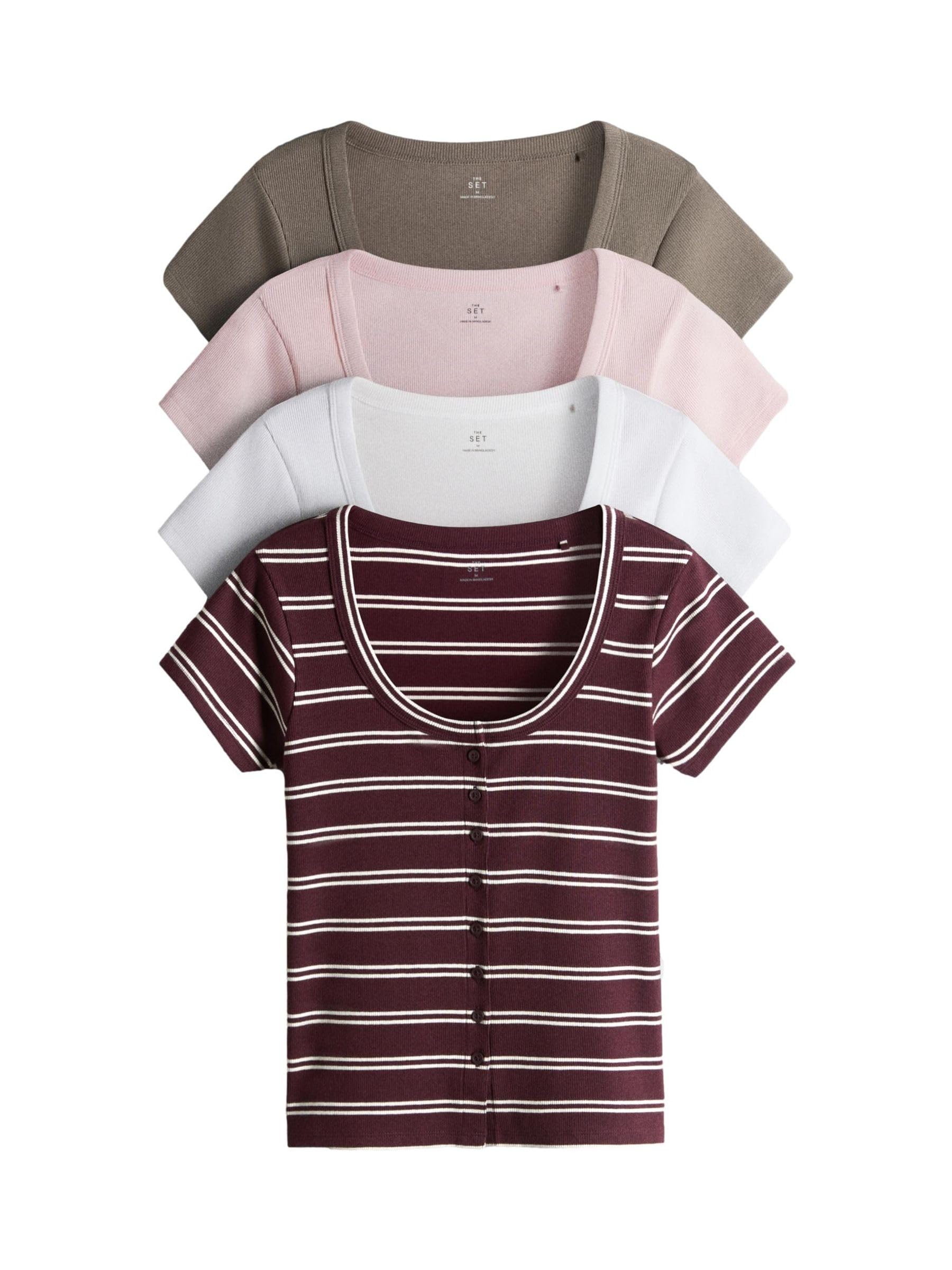 THE SET Damen Oberteile mit U-Ausschnitt und Knopfleiste, 4er-Pack