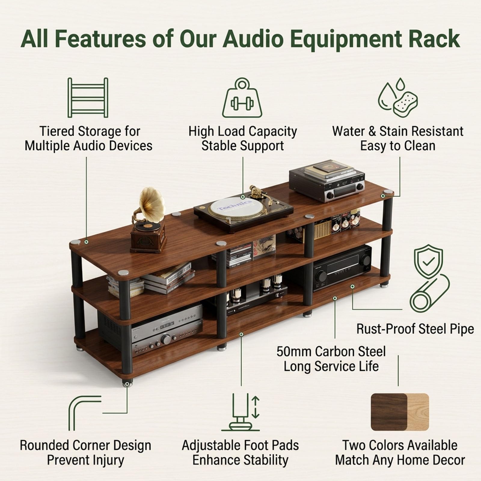 Stereo Stand with Wood Shelves, 4-Tier Audio Rack for Home Theater