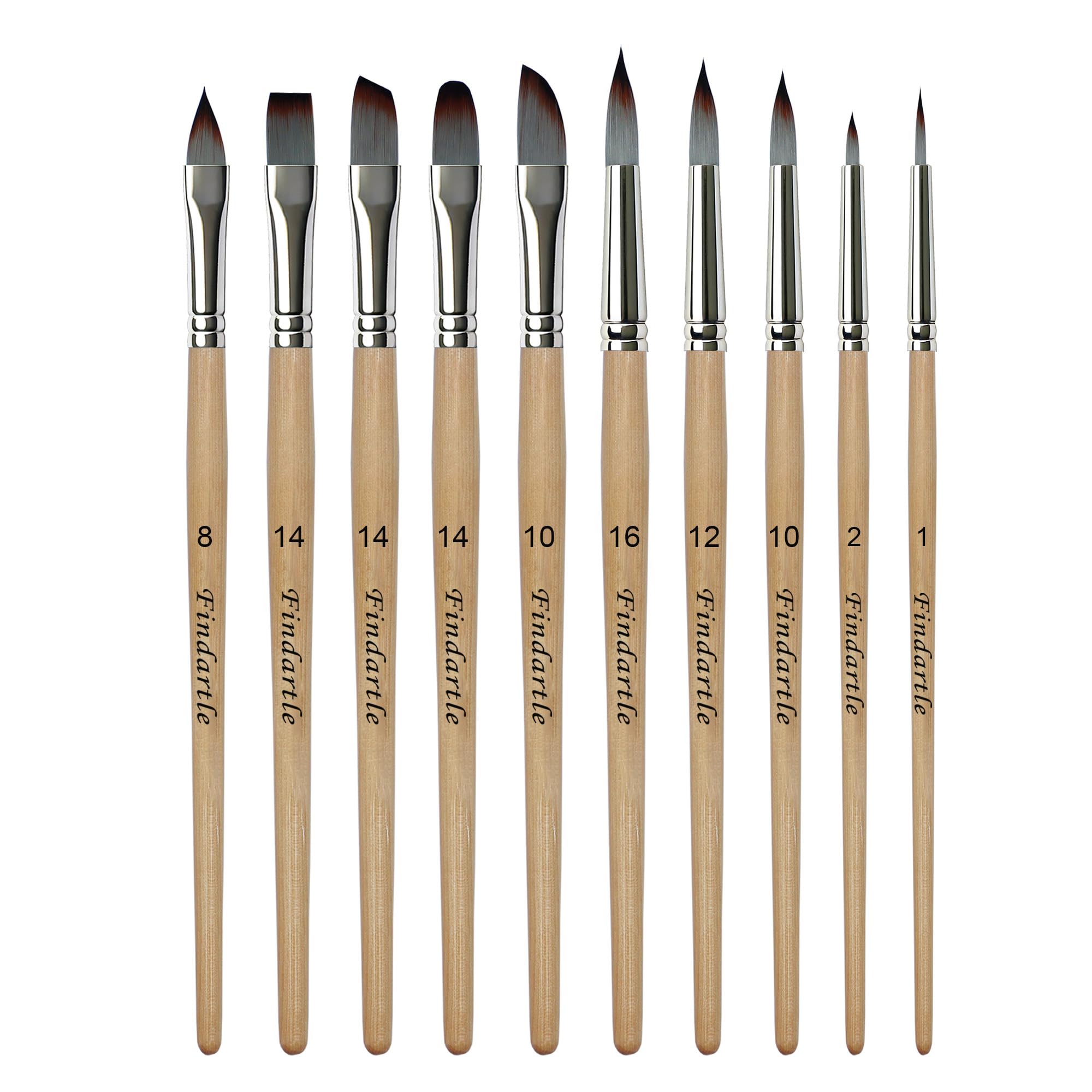 Findartle Watercolour Paint Brushes,10 Pcs Acrylic Brushes For Watercolour, Acrylic, Oil, Gouache Painting,Artist Paint Brush with Round,Flat,Filbert,Angle,Rigger,Dagger,Cat Tongue (Natural Wood)
