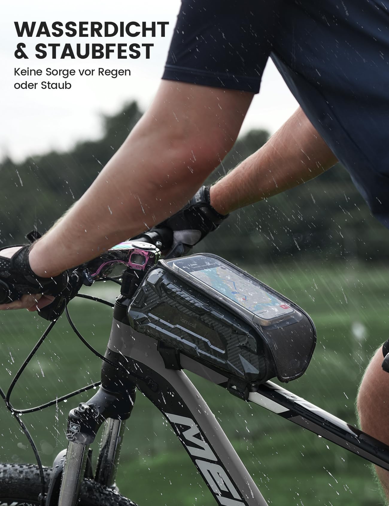 Lamicall Fahrradtasche Rahmen, Rahmentasche Fahrrad - [Einhändig Öffnen & Schließen] 1,6L Wasserdicht Handytasche Fahrrad, Handy Oberrohrtasche mit TPU Sensitivem Touchscreen für Smartphone 7 Zoll